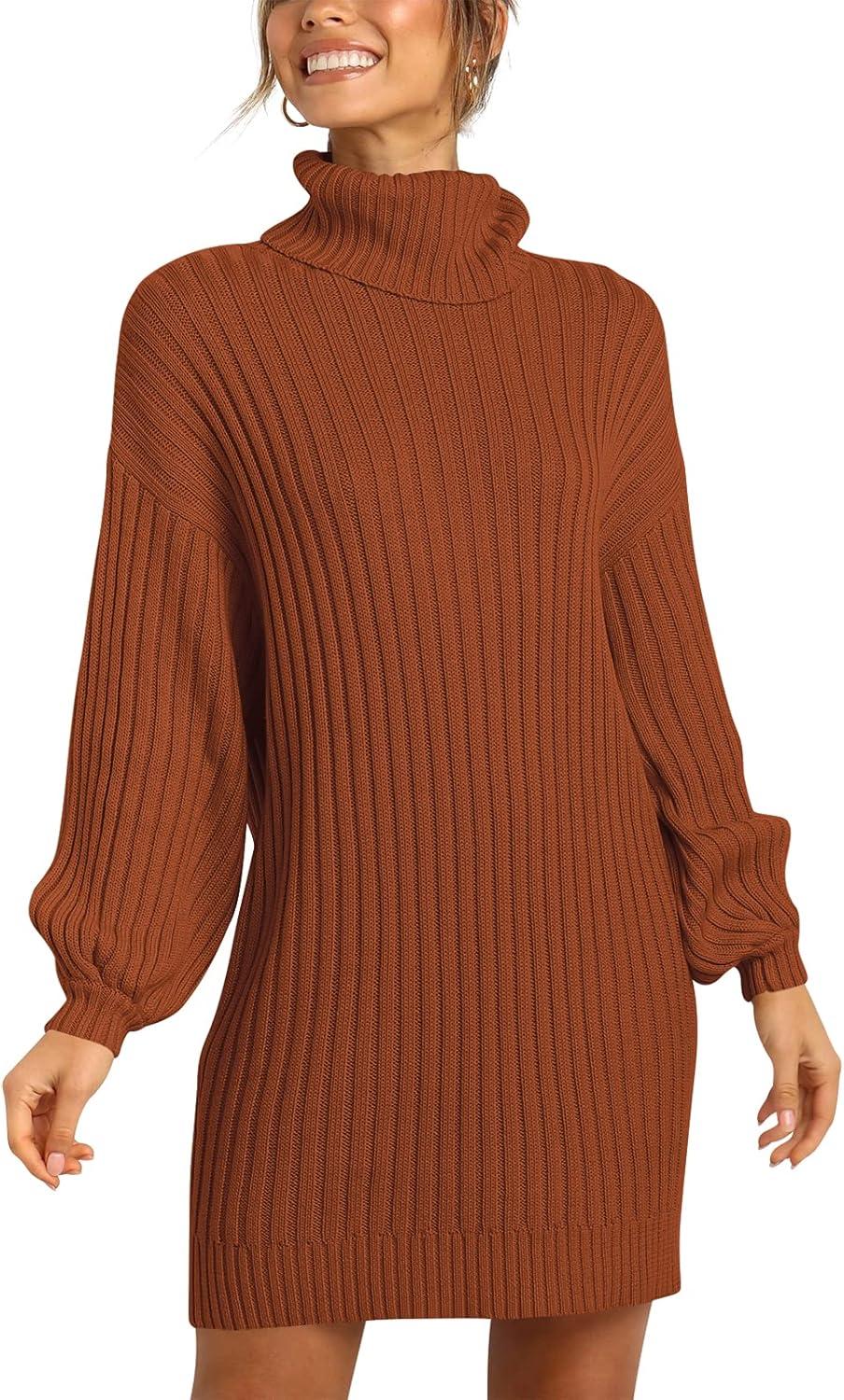 imageANRABESS Women Oversized Sweater Dress Turtleneck Batwing Long Sleeve Ribbed Knit Loose 2025 Fall Winter Casual Short DressCaramel