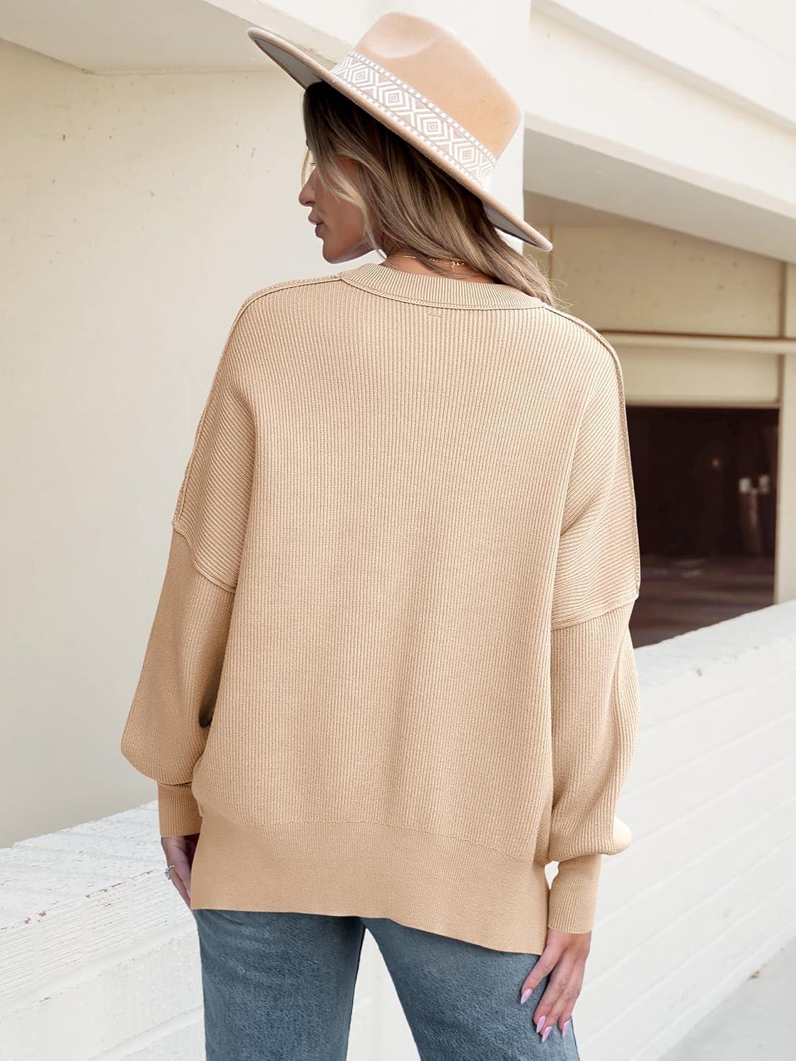 imageANRABESS Women Oversized Sweaters Batwing Long Sleeve 2025 Fall Outfits Crewneck Casual Knit Side Slit Fashion Pullover TopApricot