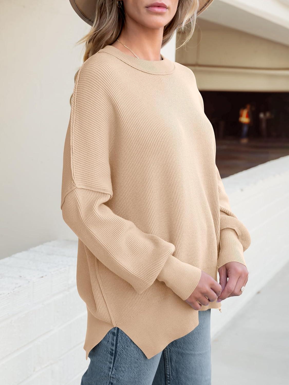 imageANRABESS Women Oversized Sweaters Batwing Long Sleeve 2025 Fall Outfits Crewneck Casual Knit Side Slit Fashion Pullover TopApricot