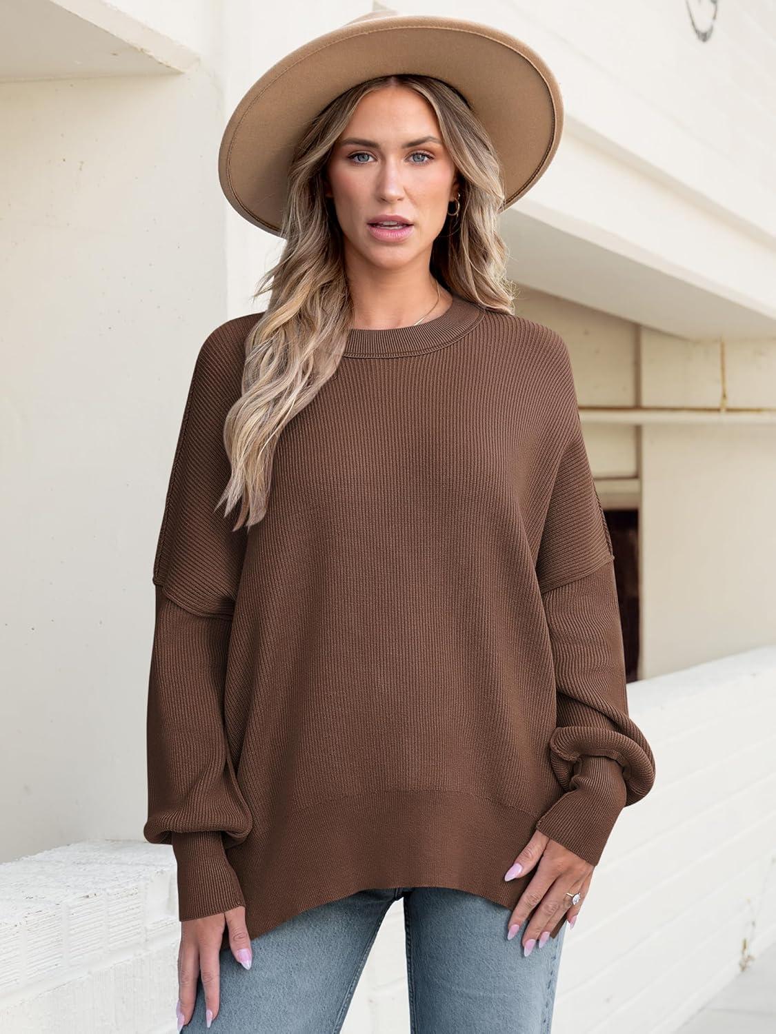 imageANRABESS Women Oversized Sweaters Batwing Long Sleeve 2025 Fall Outfits Crewneck Casual Knit Side Slit Fashion Pullover TopCoffee