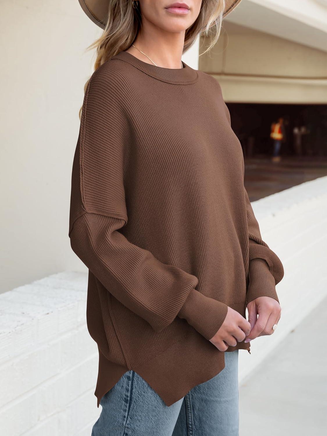 imageANRABESS Women Oversized Sweaters Batwing Long Sleeve 2025 Fall Outfits Crewneck Casual Knit Side Slit Fashion Pullover TopCoffee