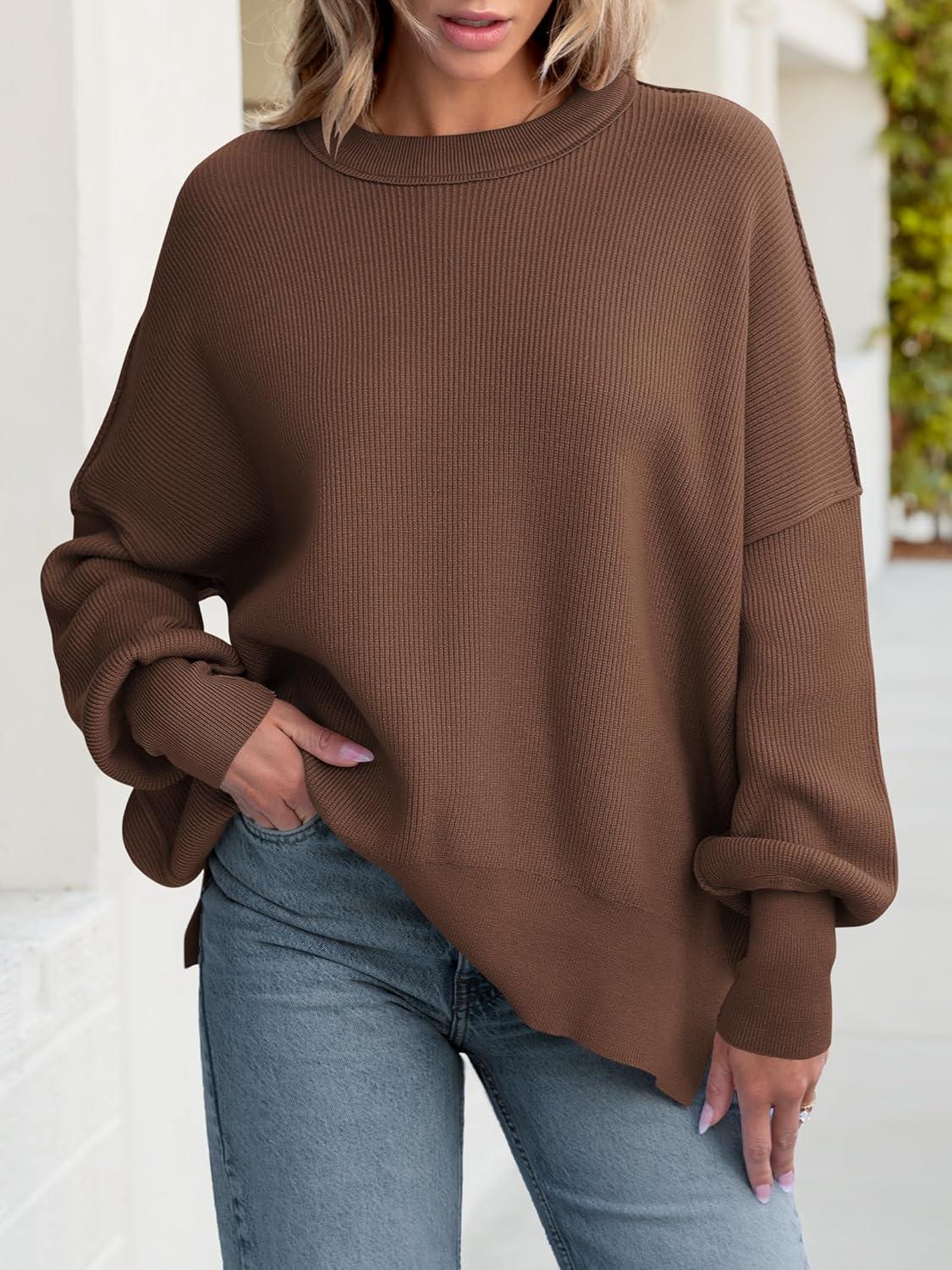 imageANRABESS Women Oversized Sweaters Batwing Long Sleeve 2025 Fall Outfits Crewneck Casual Knit Side Slit Fashion Pullover TopCoffee