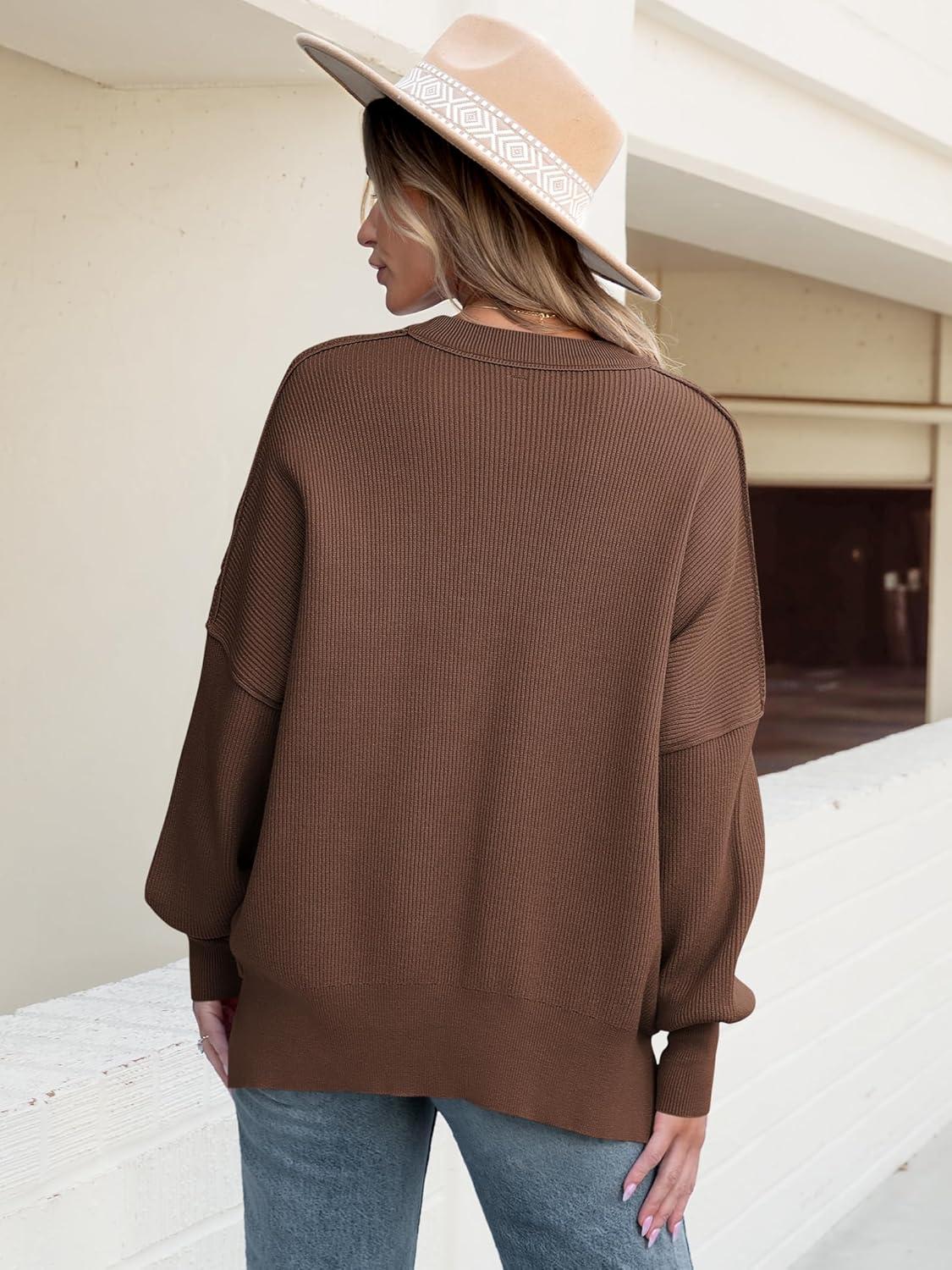 imageANRABESS Women Oversized Sweaters Batwing Long Sleeve 2025 Fall Outfits Crewneck Casual Knit Side Slit Fashion Pullover TopCoffee