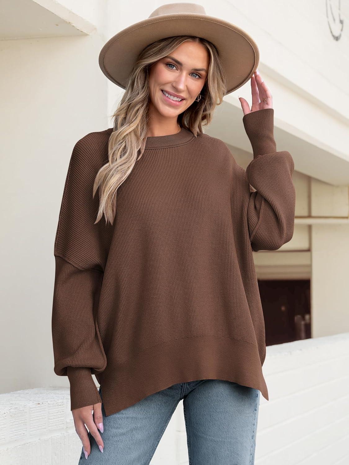 imageANRABESS Women Oversized Sweaters Batwing Long Sleeve 2025 Fall Outfits Crewneck Casual Knit Side Slit Fashion Pullover TopCoffee
