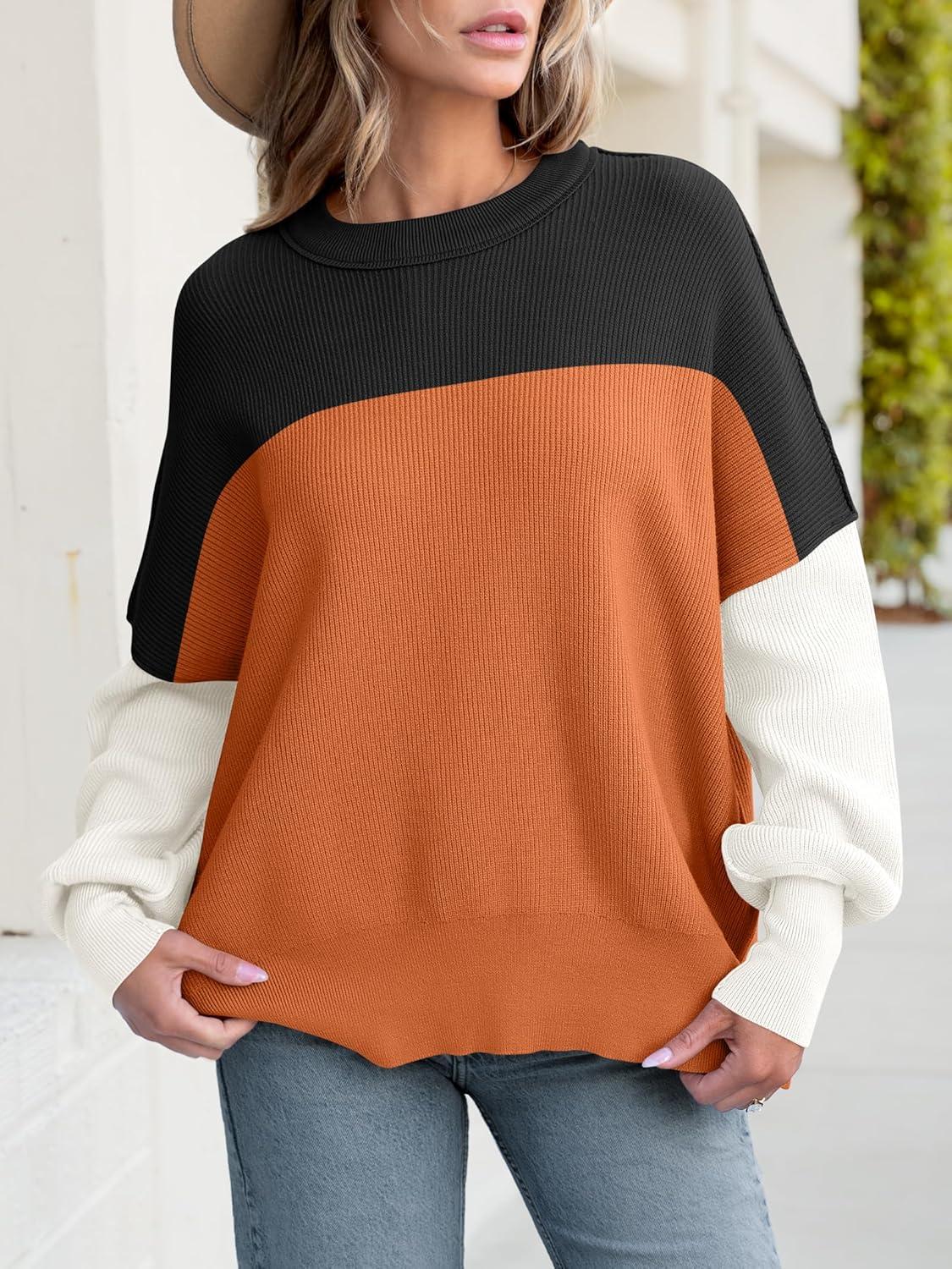 imageANRABESS Women Oversized Sweaters Batwing Long Sleeve 2025 Fall Outfits Crewneck Casual Knit Side Slit Fashion Pullover TopColorblock Orange