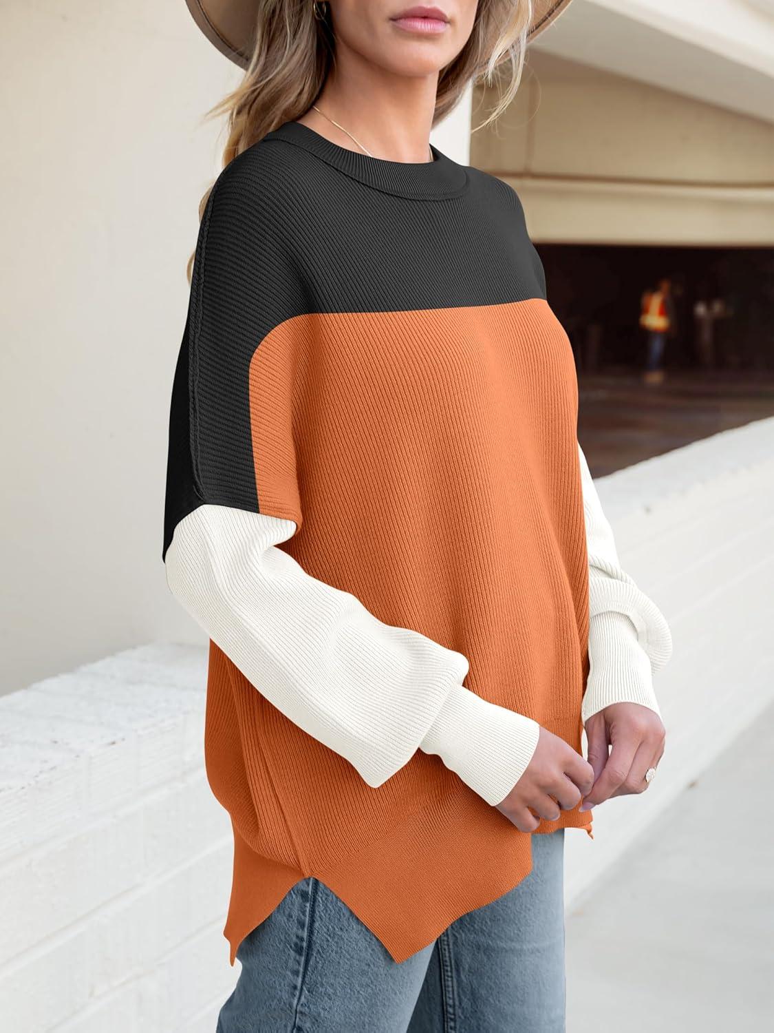 imageANRABESS Women Oversized Sweaters Batwing Long Sleeve 2025 Fall Outfits Crewneck Casual Knit Side Slit Fashion Pullover TopColorblock Orange