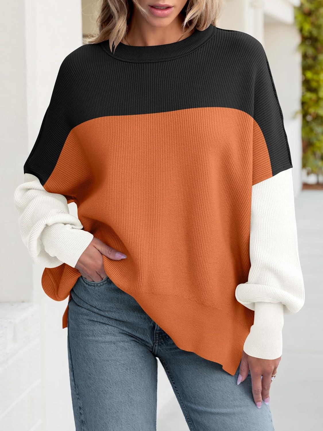 imageANRABESS Women Oversized Sweaters Batwing Long Sleeve 2025 Fall Outfits Crewneck Casual Knit Side Slit Fashion Pullover TopColorblock Orange