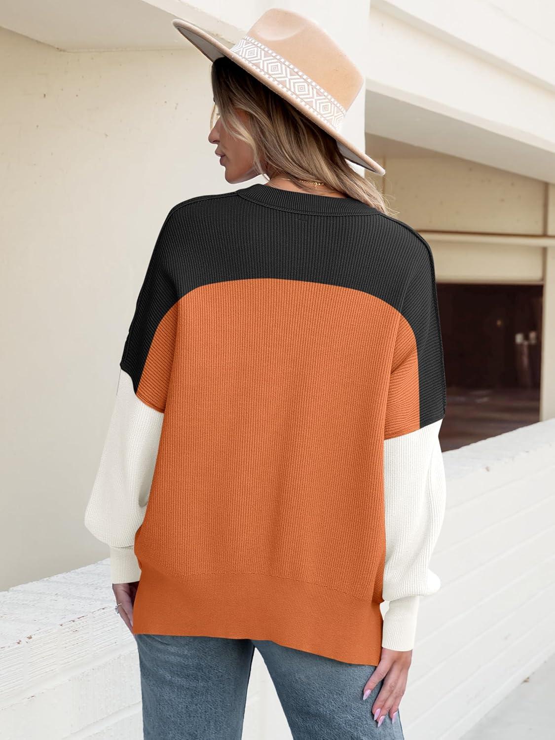 imageANRABESS Women Oversized Sweaters Batwing Long Sleeve 2025 Fall Outfits Crewneck Casual Knit Side Slit Fashion Pullover TopColorblock Orange