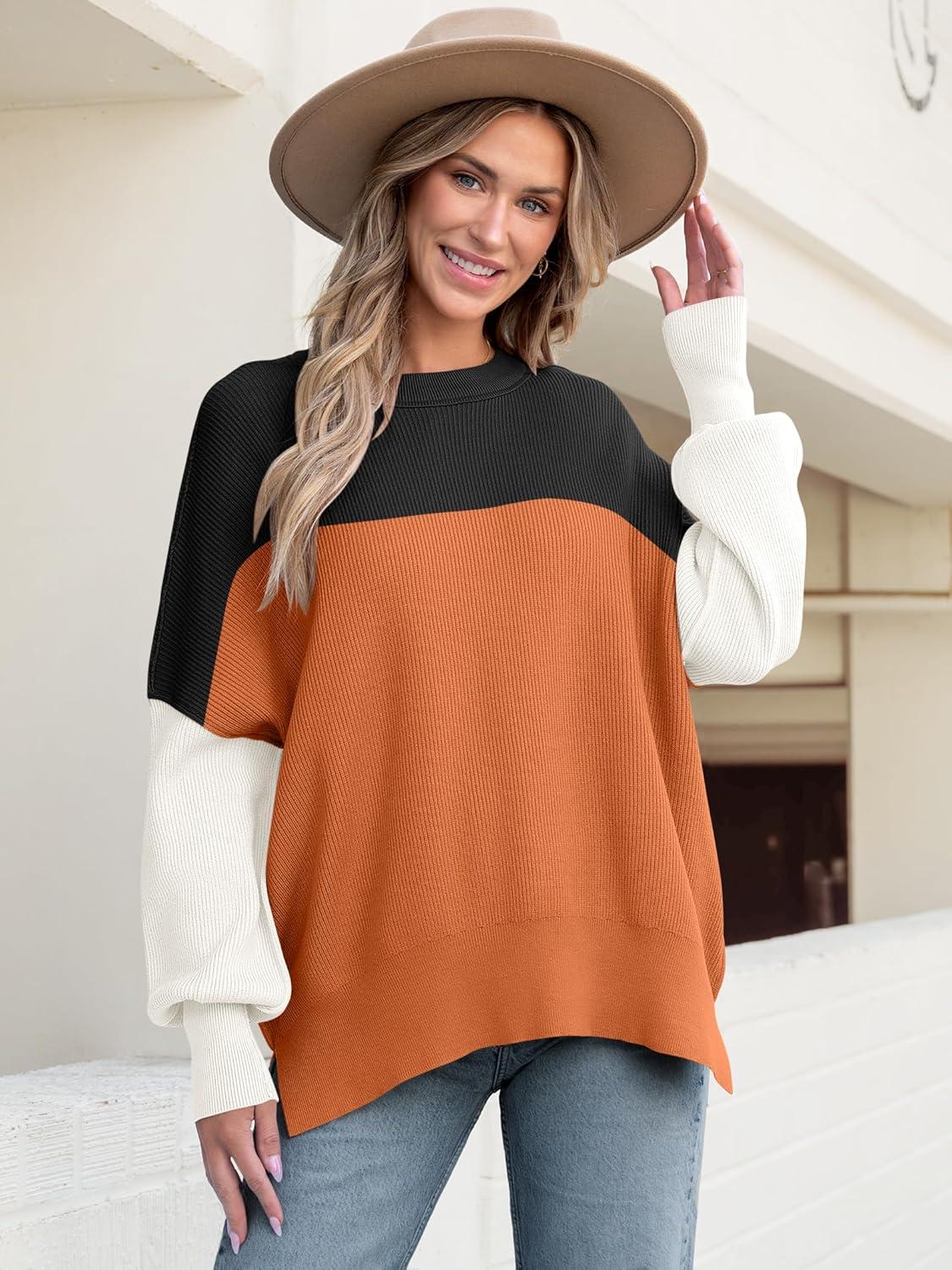 imageANRABESS Women Oversized Sweaters Batwing Long Sleeve 2025 Fall Outfits Crewneck Casual Knit Side Slit Fashion Pullover TopColorblock Orange