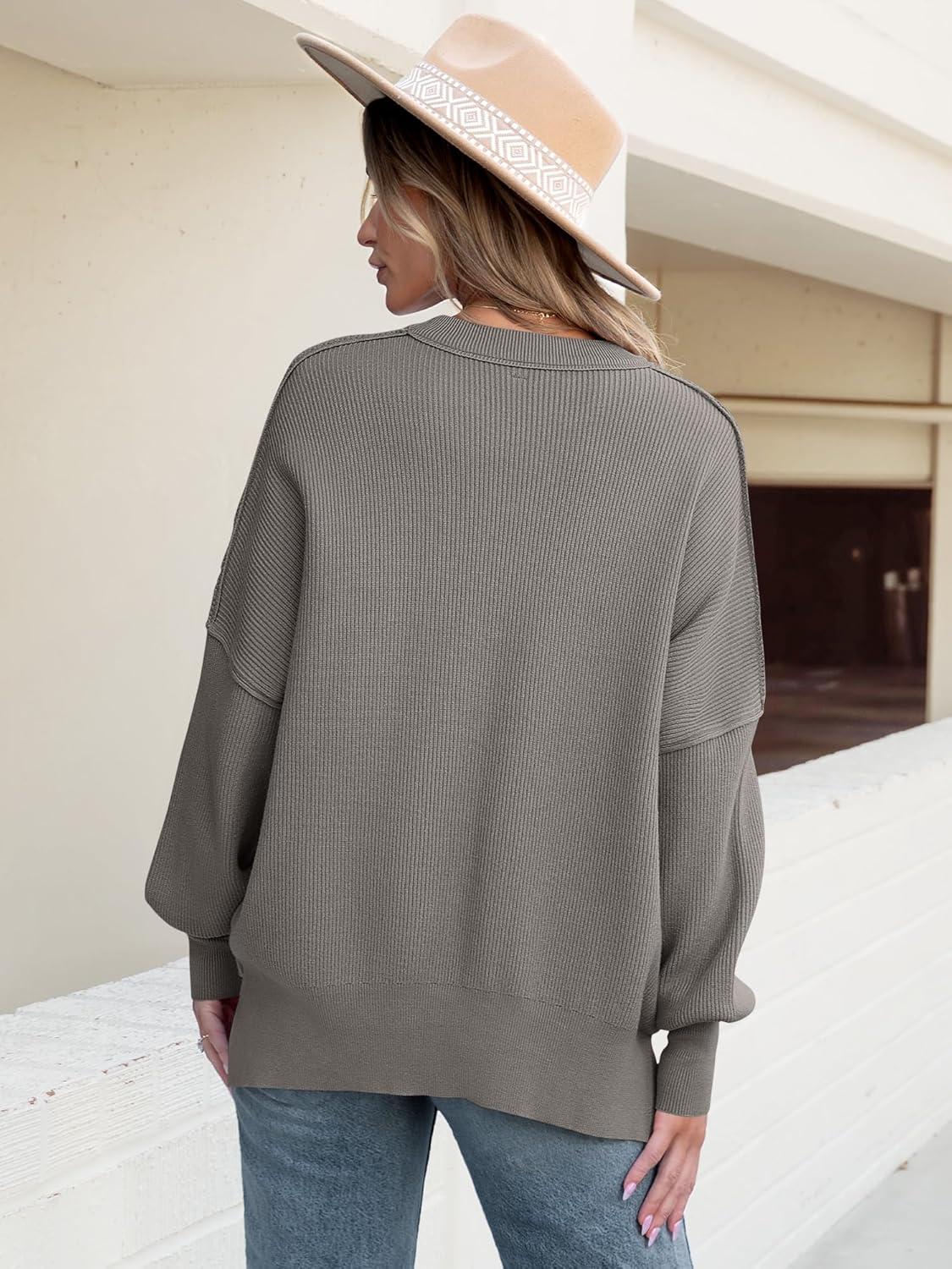 imageANRABESS Women Oversized Sweaters Batwing Long Sleeve 2025 Fall Outfits Crewneck Casual Knit Side Slit Fashion Pullover TopGrey Khaki