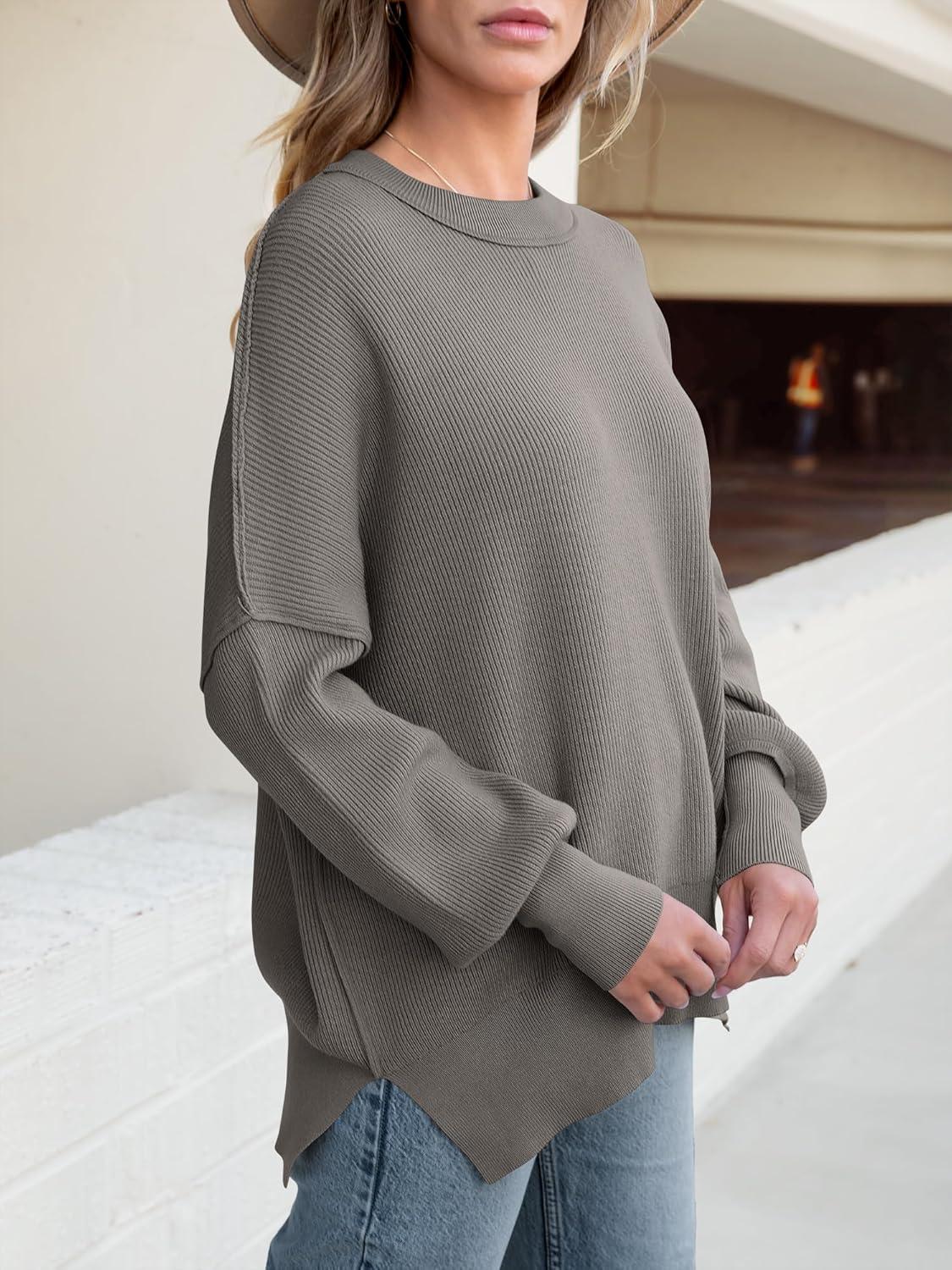 imageANRABESS Women Oversized Sweaters Batwing Long Sleeve 2025 Fall Outfits Crewneck Casual Knit Side Slit Fashion Pullover TopGrey Khaki