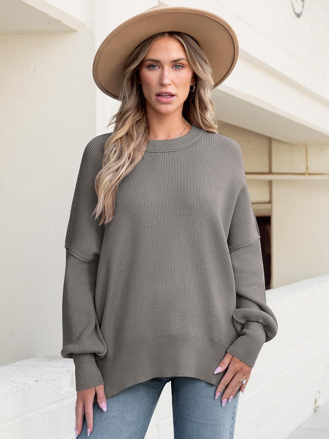 imageANRABESS Women Oversized Sweaters Batwing Long Sleeve 2025 Fall Outfits Crewneck Casual Knit Side Slit Fashion Pullover TopGrey Khaki