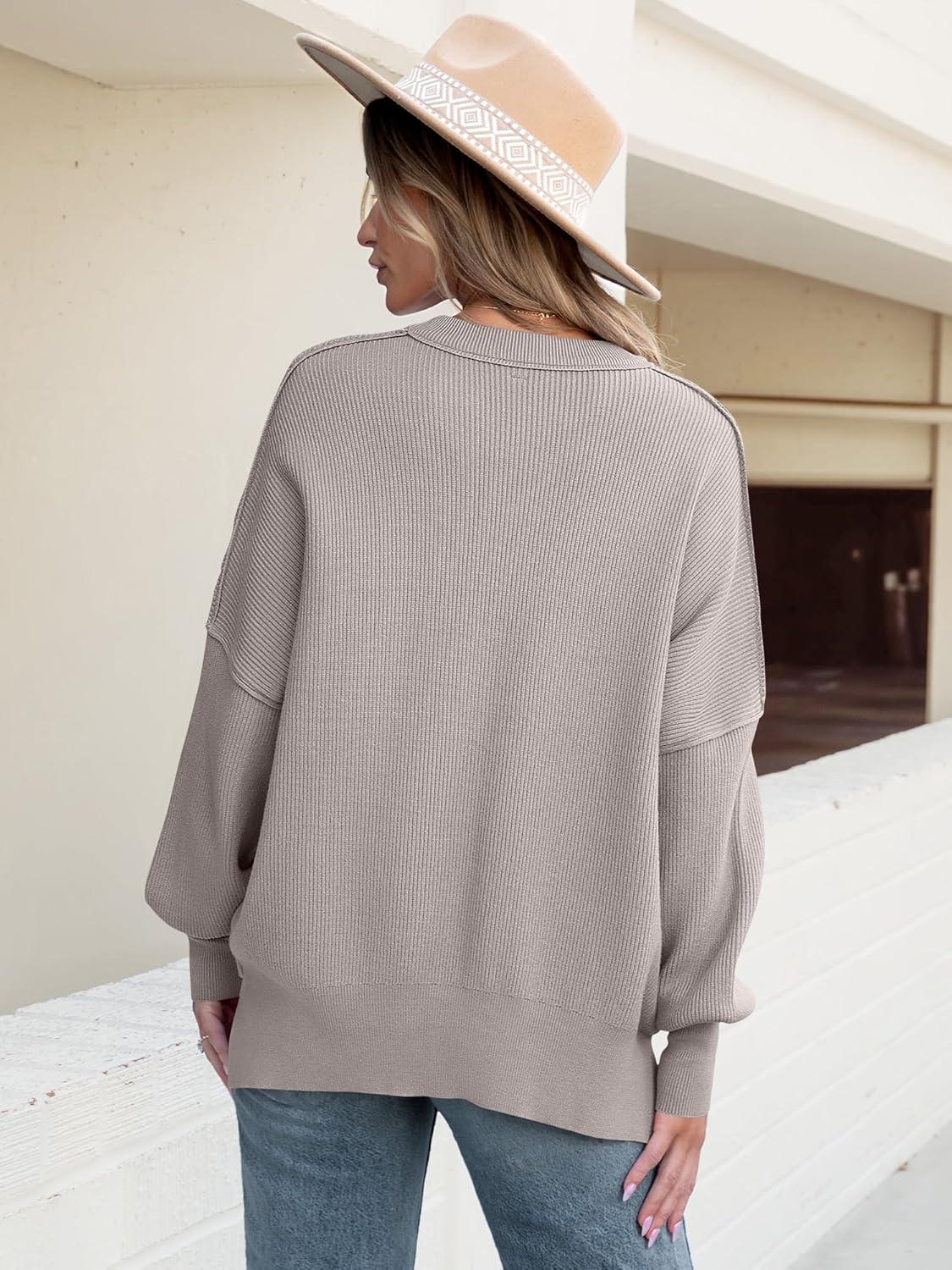 imageANRABESS Women Oversized Sweaters Batwing Long Sleeve 2025 Fall Outfits Crewneck Casual Knit Side Slit Fashion Pullover TopLight Grey Khaki