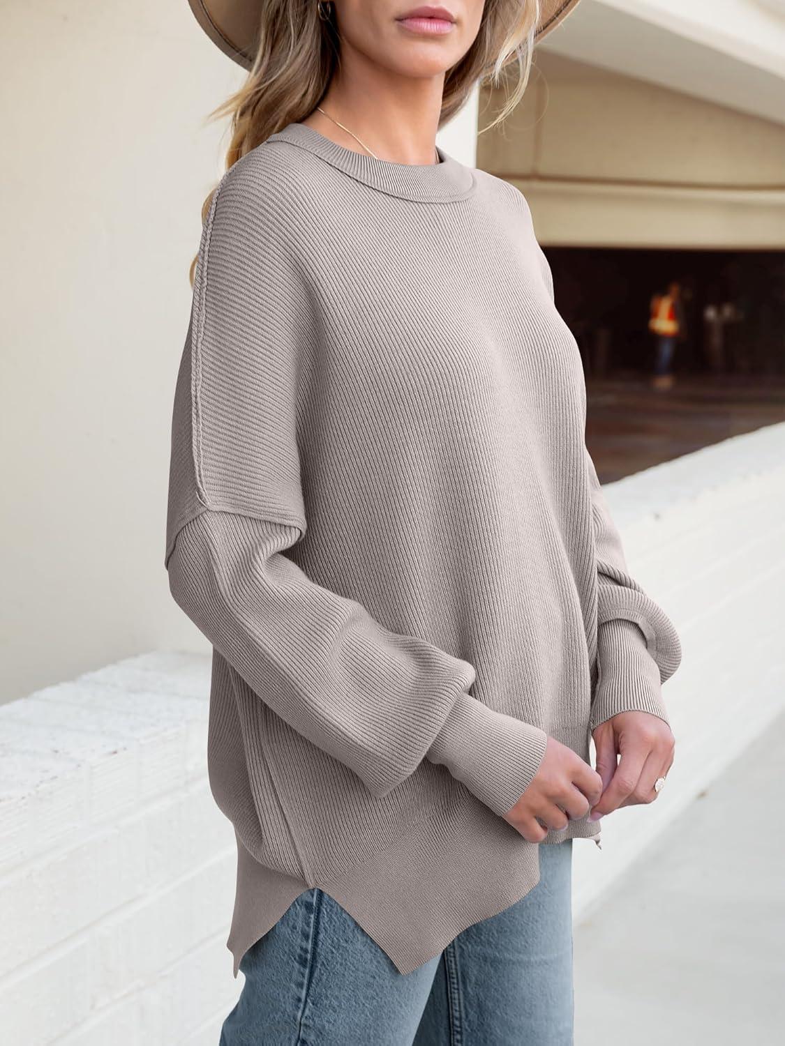 imageANRABESS Women Oversized Sweaters Batwing Long Sleeve 2025 Fall Outfits Crewneck Casual Knit Side Slit Fashion Pullover TopLight Grey Khaki