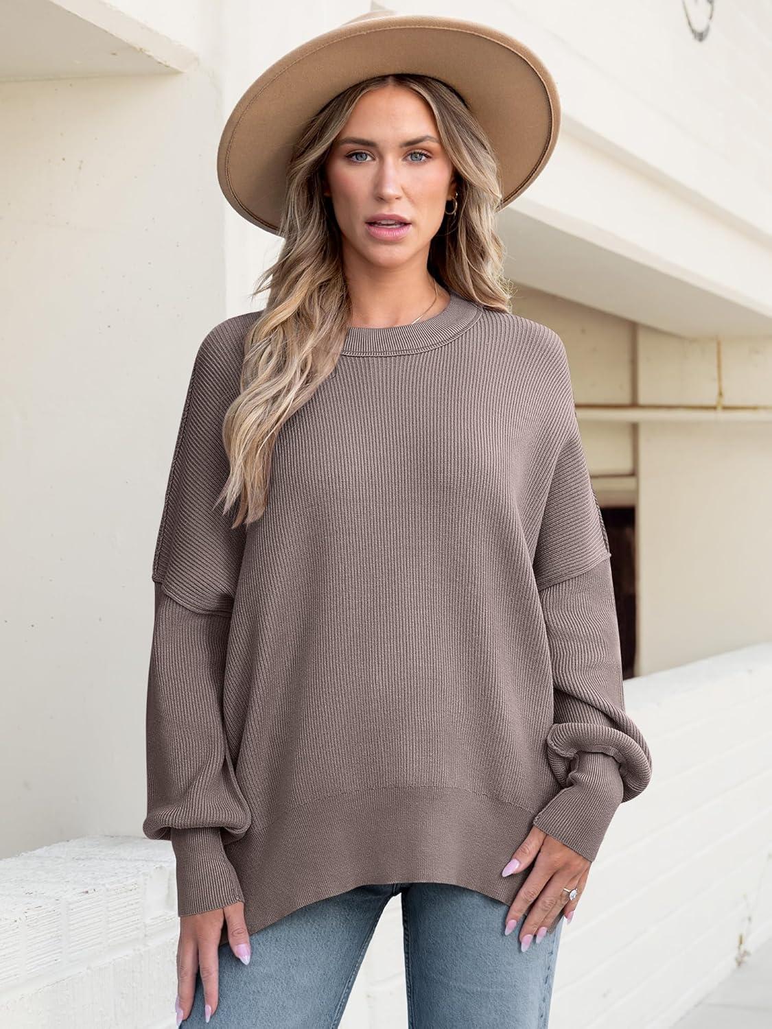 imageANRABESS Women Oversized Sweaters Batwing Long Sleeve 2025 Fall Outfits Crewneck Casual Knit Side Slit Fashion Pullover TopNutmeg