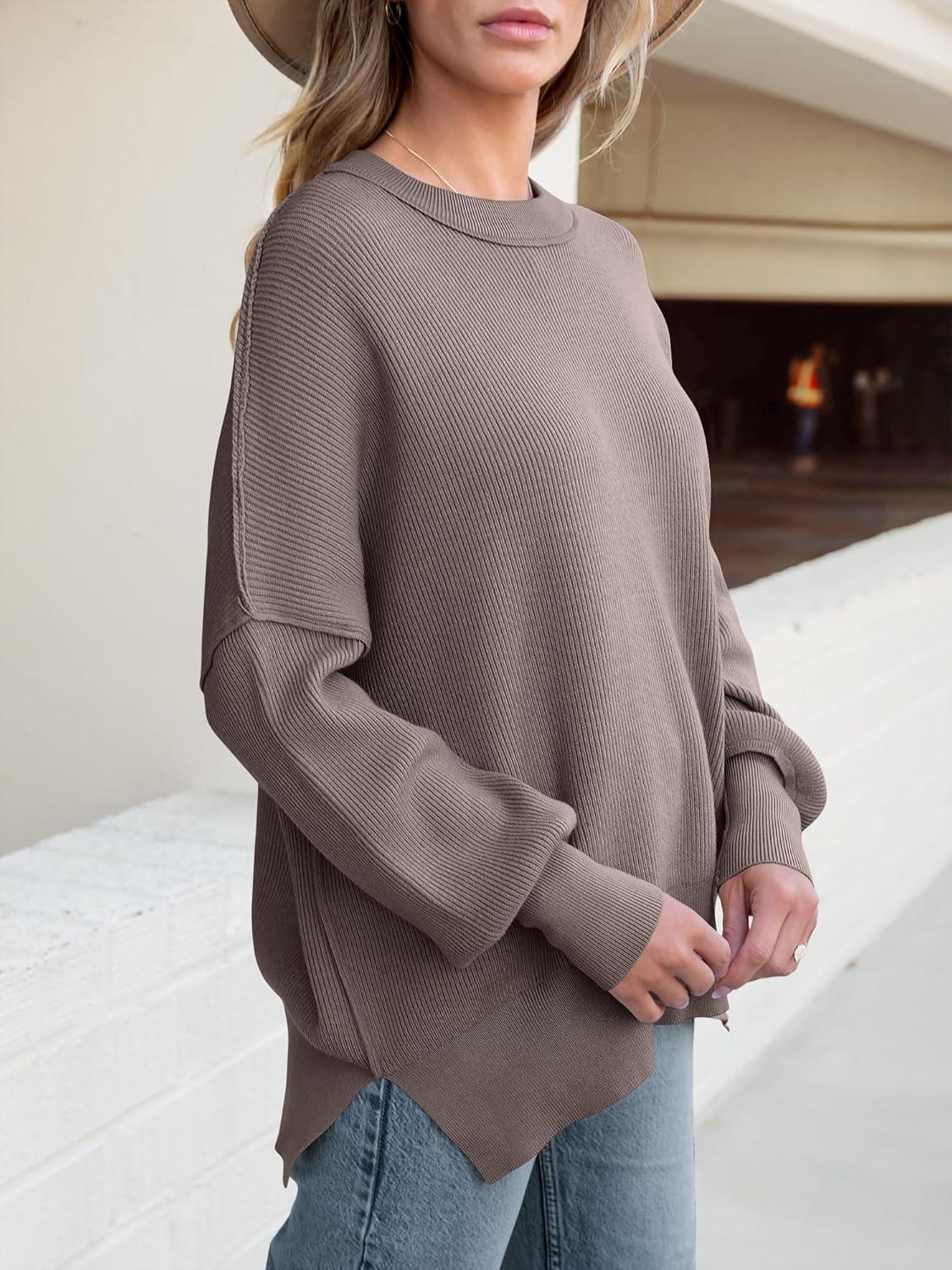imageANRABESS Women Oversized Sweaters Batwing Long Sleeve 2025 Fall Outfits Crewneck Casual Knit Side Slit Fashion Pullover TopNutmeg