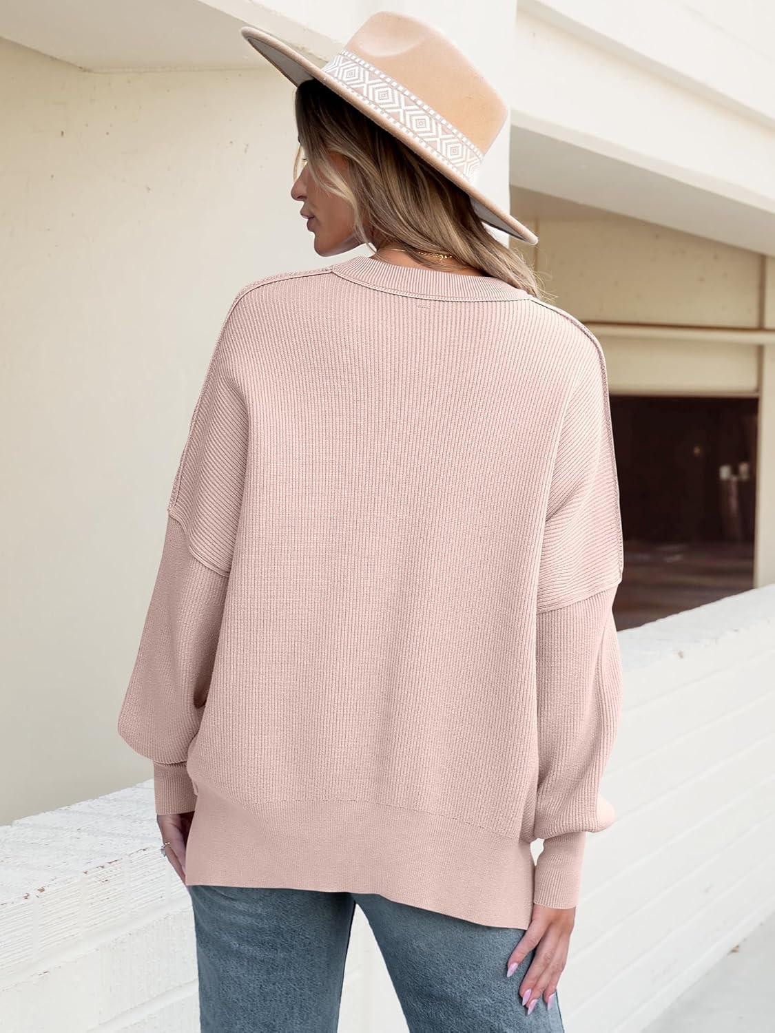 imageANRABESS Women Oversized Sweaters Batwing Long Sleeve 2025 Fall Outfits Crewneck Casual Knit Side Slit Fashion Pullover TopPink
