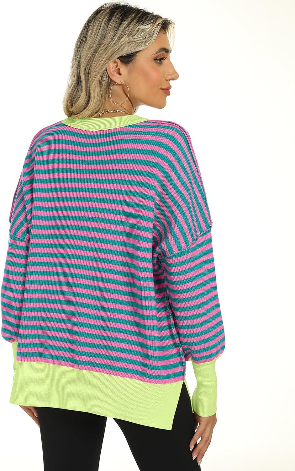 imageANRABESS Women Oversized Sweaters Batwing Long Sleeve 2025 Fall Outfits Crewneck Casual Knit Side Slit Fashion Pullover TopPink Green