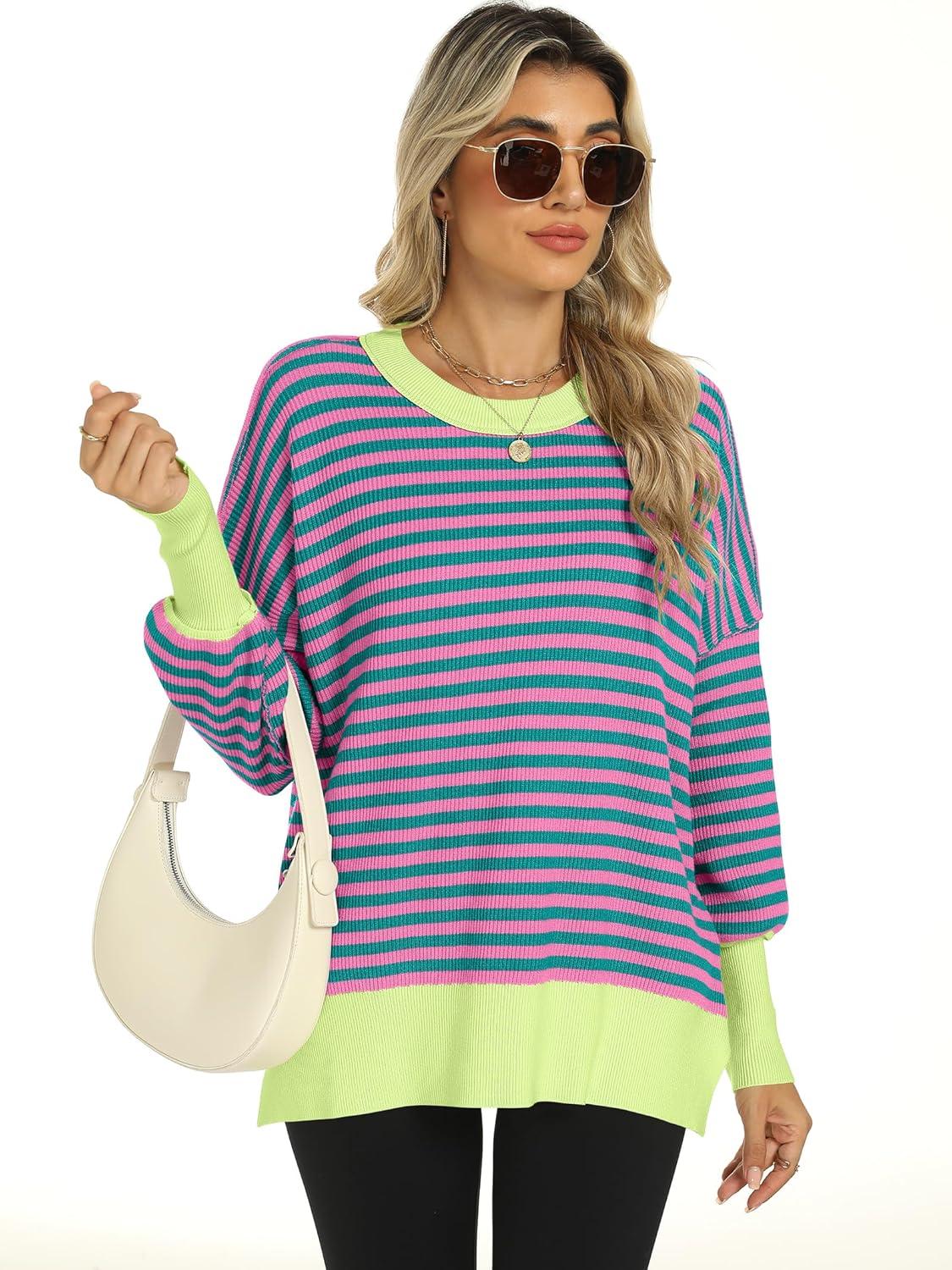 imageANRABESS Women Oversized Sweaters Batwing Long Sleeve 2025 Fall Outfits Crewneck Casual Knit Side Slit Fashion Pullover TopPink Green