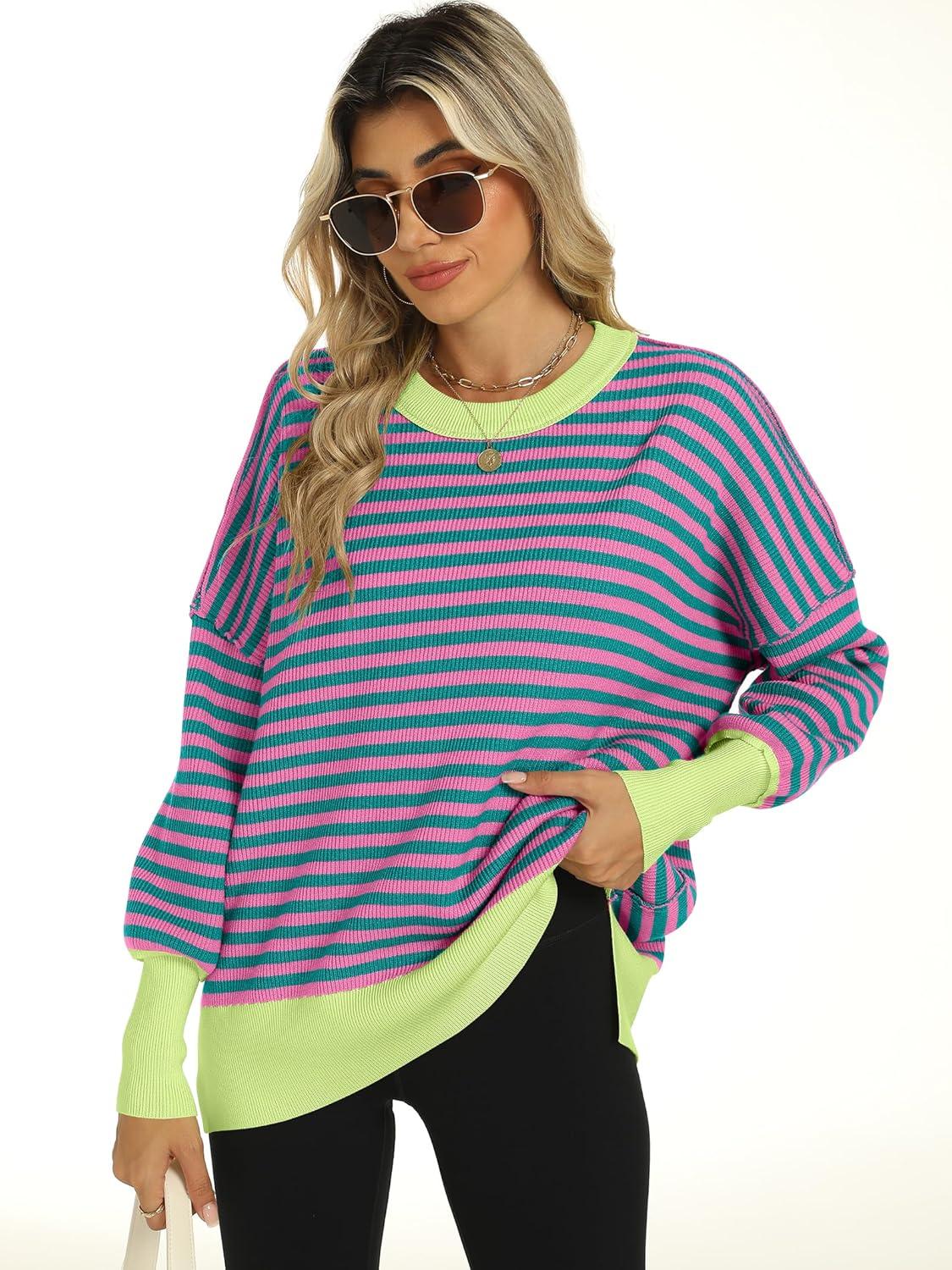 imageANRABESS Women Oversized Sweaters Batwing Long Sleeve 2025 Fall Outfits Crewneck Casual Knit Side Slit Fashion Pullover TopPink Green