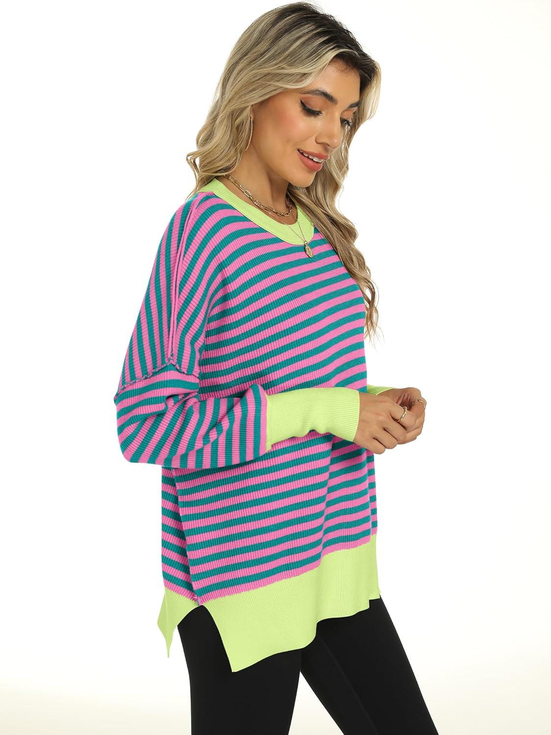 imageANRABESS Women Oversized Sweaters Batwing Long Sleeve 2025 Fall Outfits Crewneck Casual Knit Side Slit Fashion Pullover TopPink Green