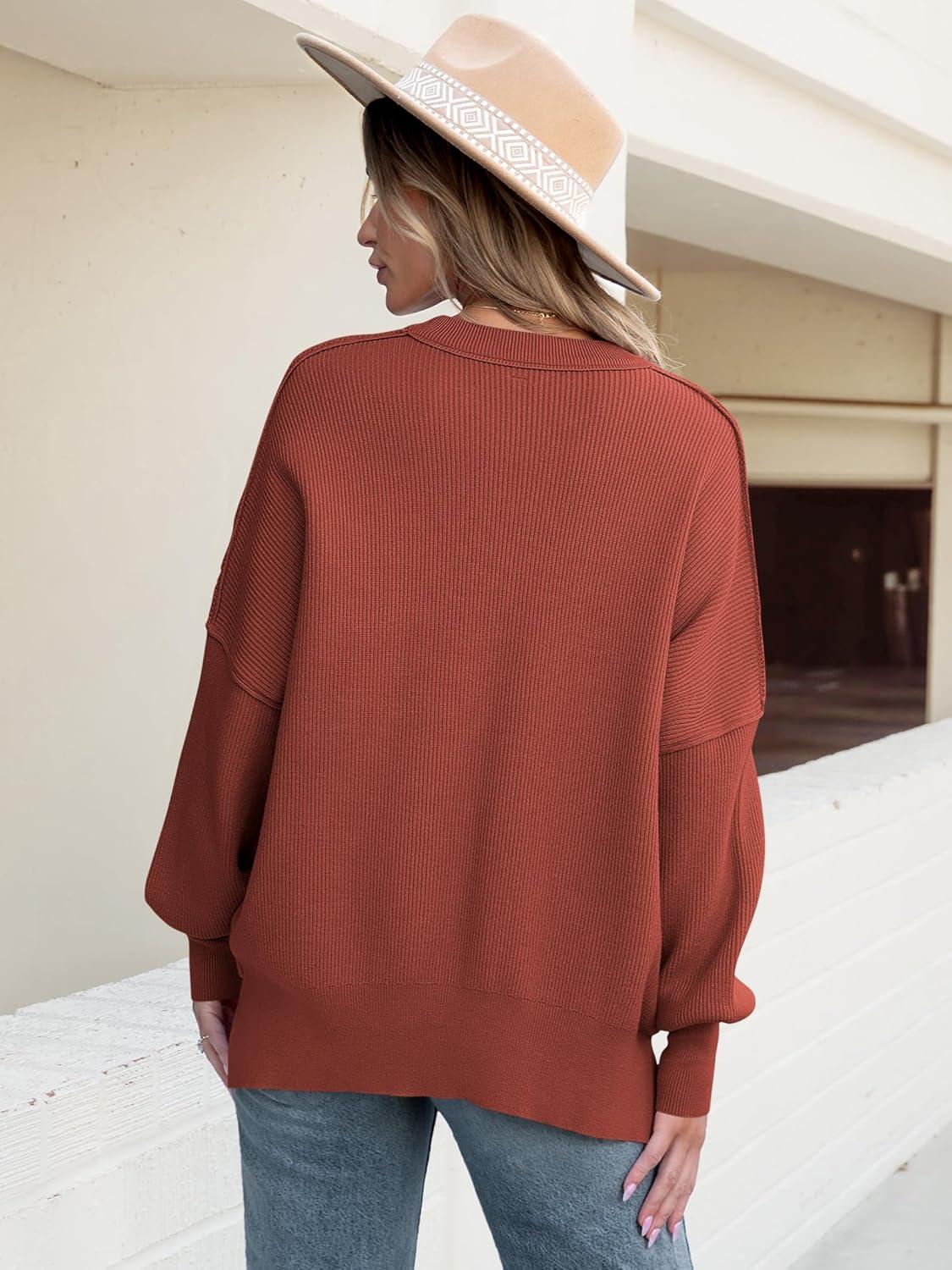 imageANRABESS Women Oversized Sweaters Batwing Long Sleeve 2025 Fall Outfits Crewneck Casual Knit Side Slit Fashion Pullover TopRust