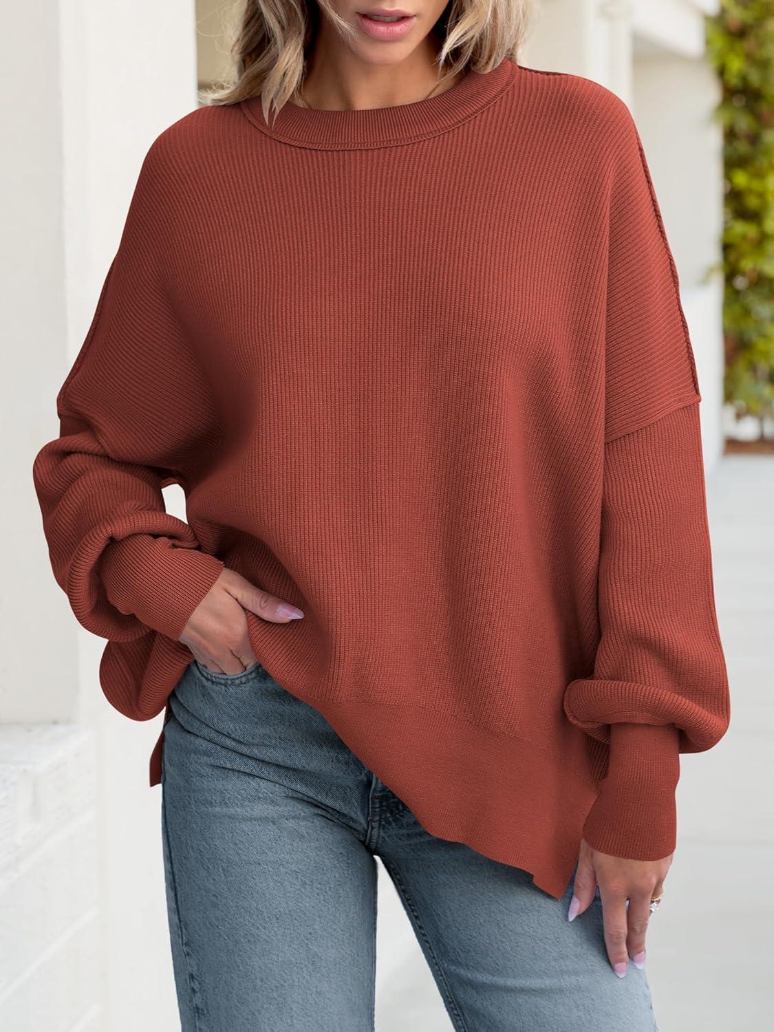 imageANRABESS Women Oversized Sweaters Batwing Long Sleeve 2025 Fall Outfits Crewneck Casual Knit Side Slit Fashion Pullover TopRust