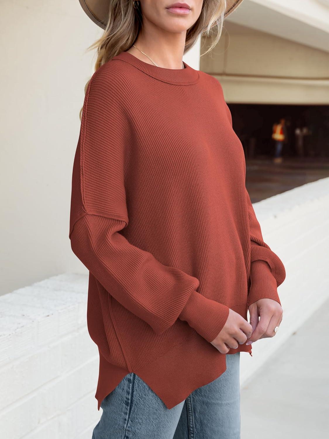 imageANRABESS Women Oversized Sweaters Batwing Long Sleeve 2025 Fall Outfits Crewneck Casual Knit Side Slit Fashion Pullover TopRust