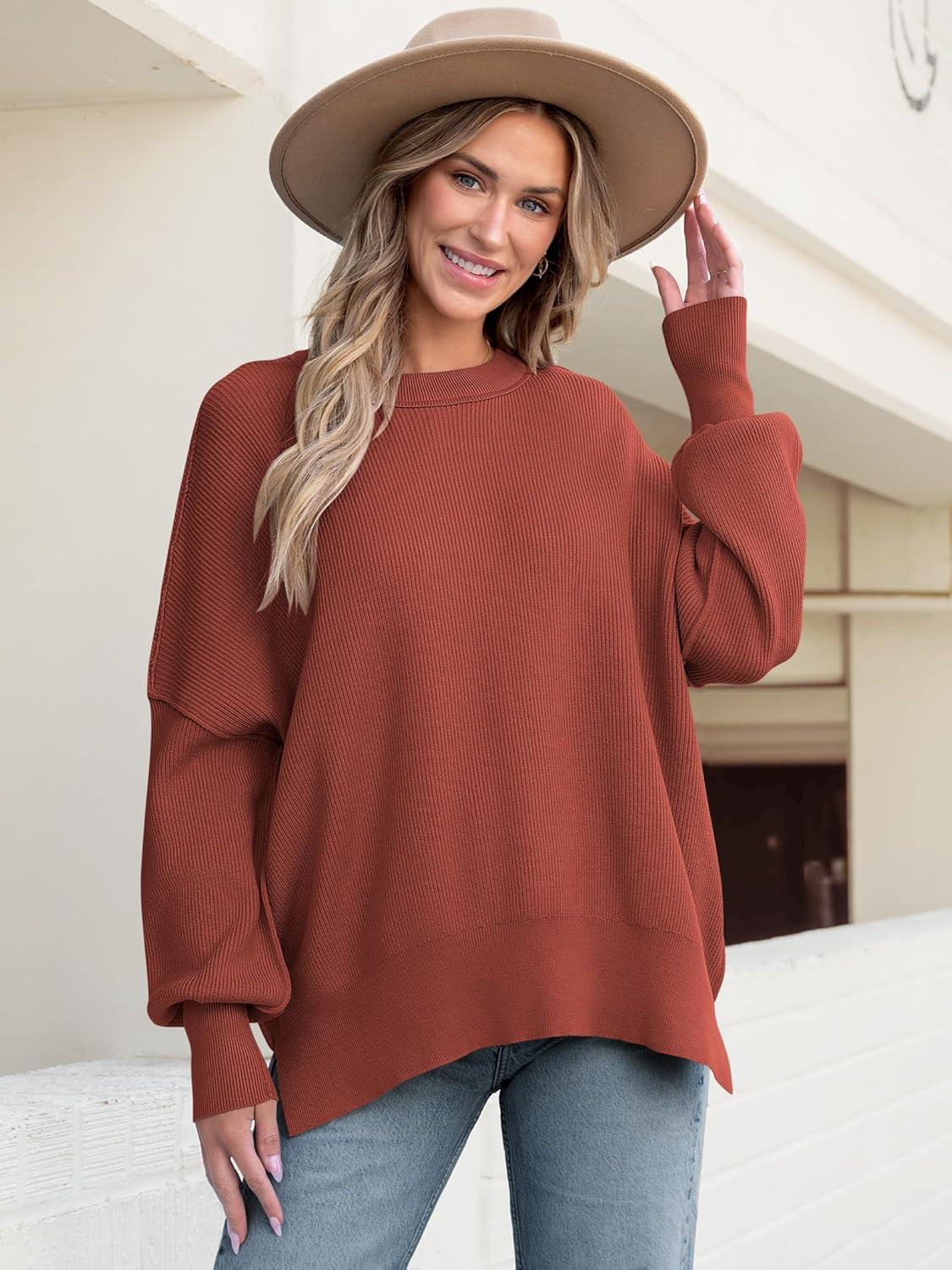 imageANRABESS Women Oversized Sweaters Batwing Long Sleeve 2025 Fall Outfits Crewneck Casual Knit Side Slit Fashion Pullover TopRust