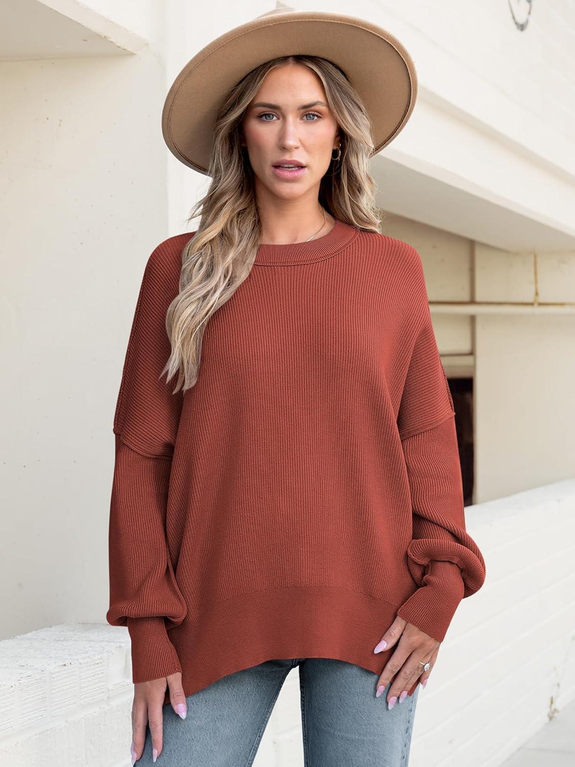 imageANRABESS Women Oversized Sweaters Batwing Long Sleeve 2025 Fall Outfits Crewneck Casual Knit Side Slit Fashion Pullover TopRust