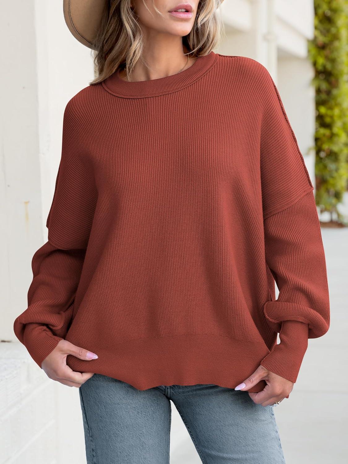 imageANRABESS Women Oversized Sweaters Batwing Long Sleeve 2025 Fall Outfits Crewneck Casual Knit Side Slit Fashion Pullover TopRust