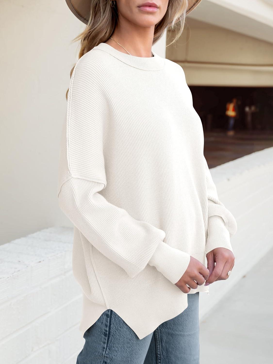 imageANRABESS Women Oversized Sweaters Batwing Long Sleeve 2025 Fall Outfits Crewneck Casual Knit Side Slit Fashion Pullover TopWhite