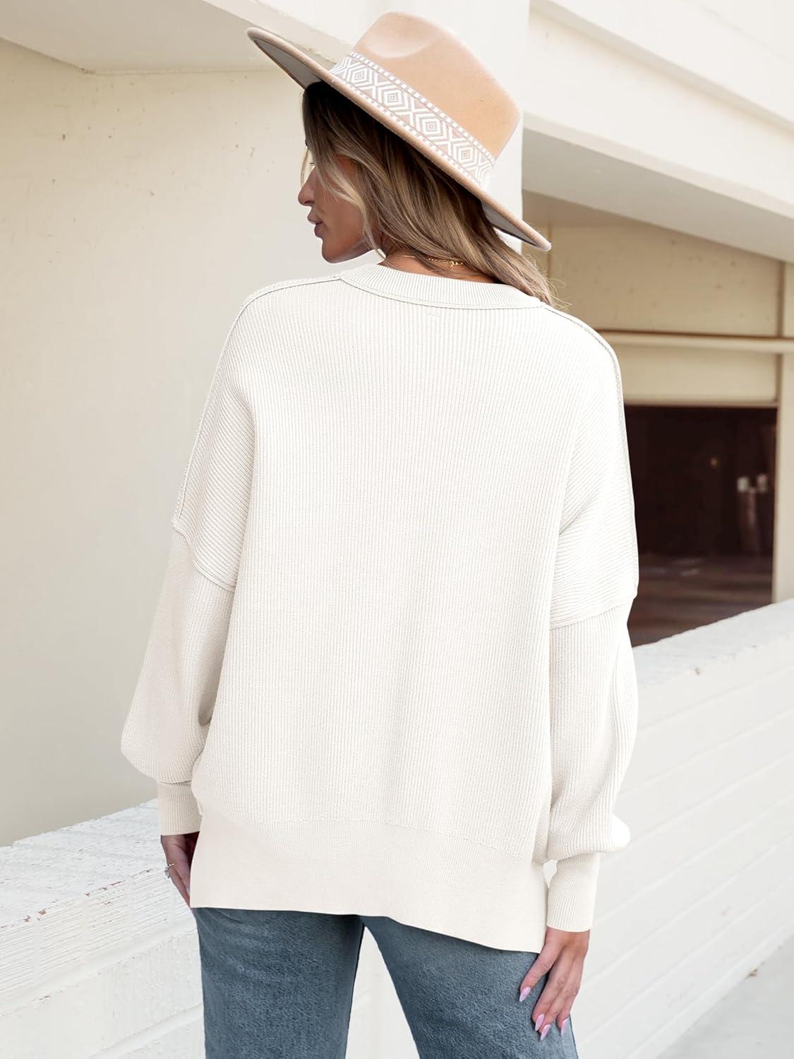 imageANRABESS Women Oversized Sweaters Batwing Long Sleeve 2025 Fall Outfits Crewneck Casual Knit Side Slit Fashion Pullover TopWhite