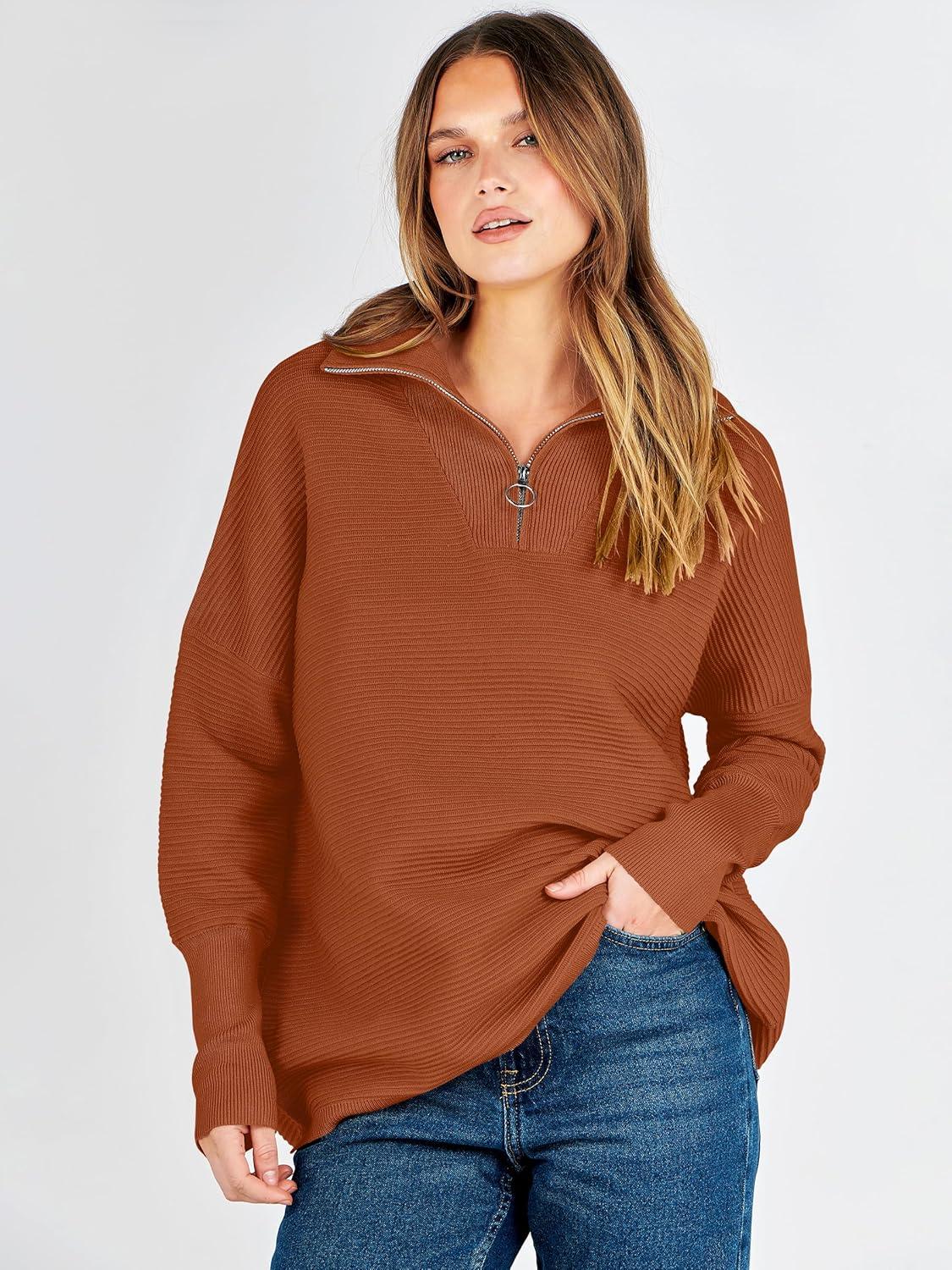 imageANRABESS Women Quarter Zip Oversized Casual Loose Rib Knit Cozy Pullover Sweaters Top 2025 Fall Fashion Outfits ClothesBrown