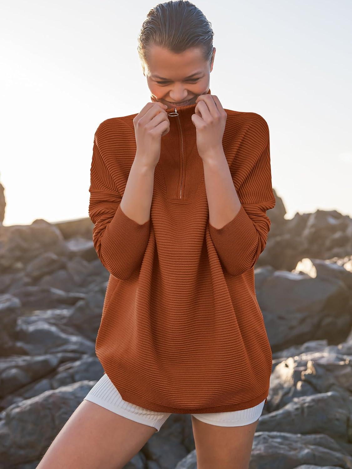 imageANRABESS Women Quarter Zip Oversized Casual Loose Rib Knit Cozy Pullover Sweaters Top 2025 Fall Fashion Outfits ClothesBrown