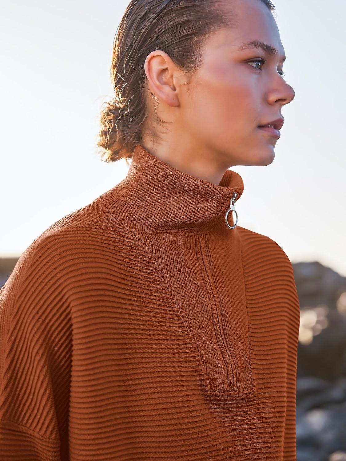 imageANRABESS Women Quarter Zip Oversized Casual Loose Rib Knit Cozy Pullover Sweaters Top 2025 Fall Fashion Outfits ClothesBrown