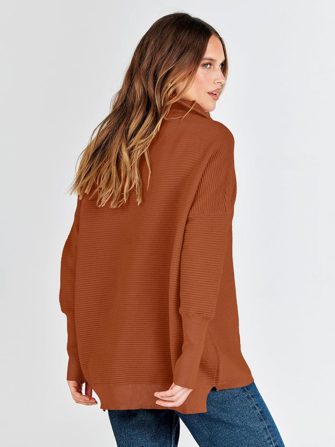 imageANRABESS Women Quarter Zip Oversized Casual Loose Rib Knit Cozy Pullover Sweaters Top 2025 Fall Fashion Outfits ClothesBrown