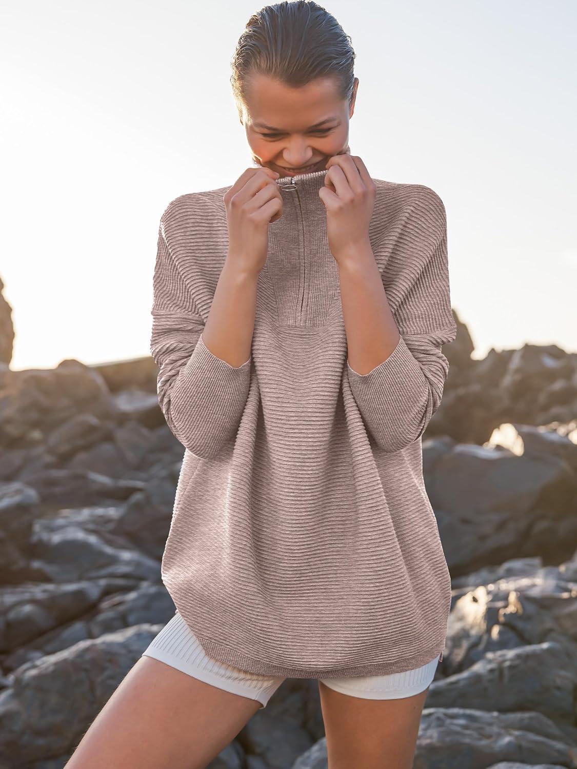 imageANRABESS Women Quarter Zip Oversized Casual Loose Rib Knit Cozy Pullover Sweaters Top 2025 Fall Fashion Outfits ClothesCamel