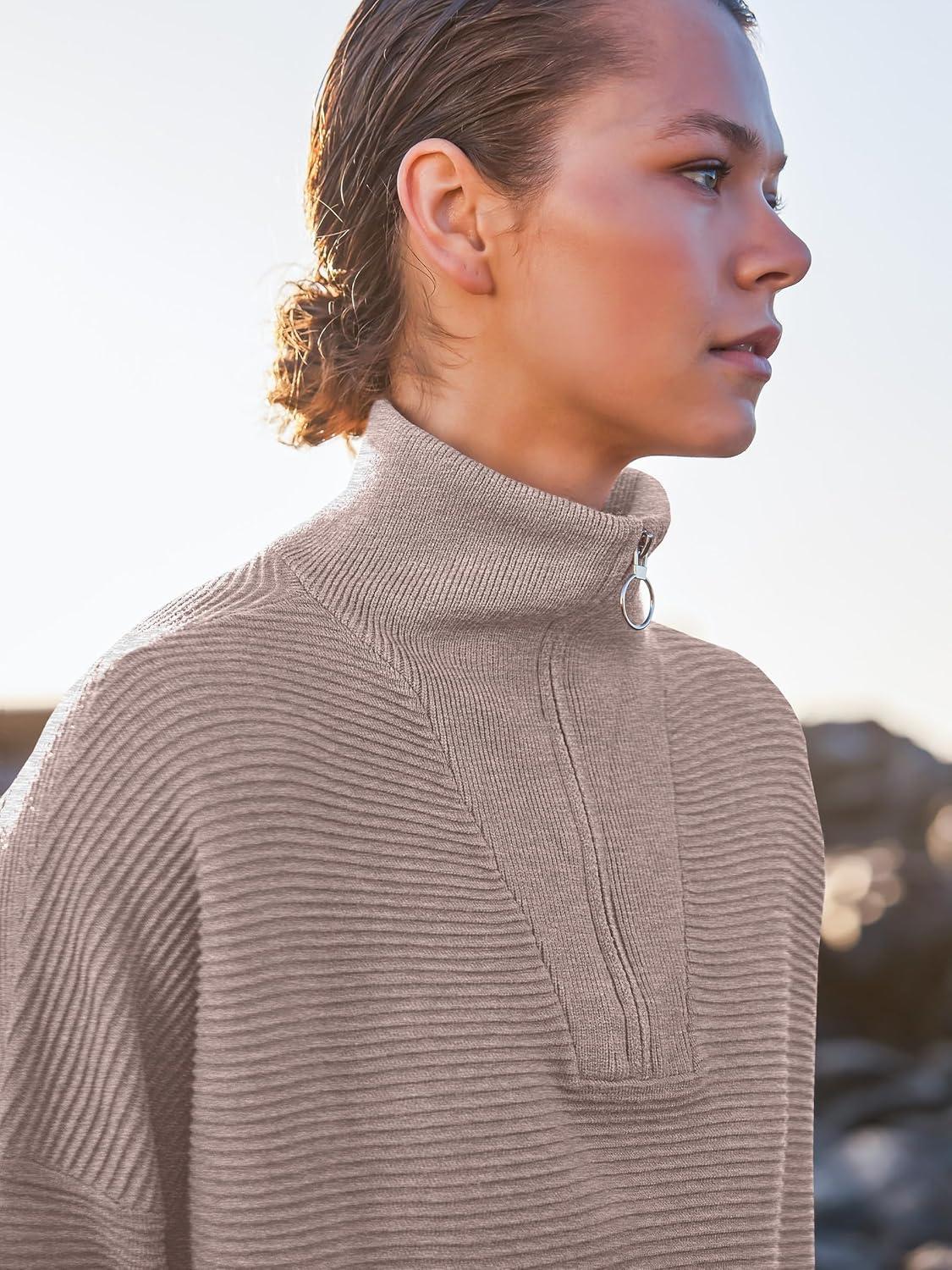 imageANRABESS Women Quarter Zip Oversized Casual Loose Rib Knit Cozy Pullover Sweaters Top 2025 Fall Fashion Outfits ClothesCamel