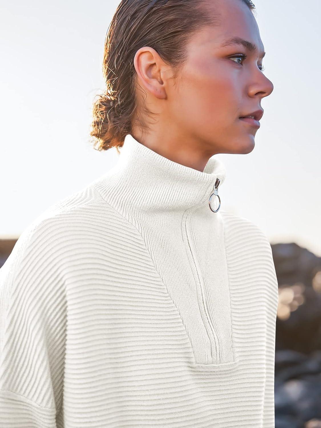 imageANRABESS Women Quarter Zip Oversized Casual Loose Rib Knit Cozy Pullover Sweaters Top 2025 Fall Fashion Outfits ClothesCream White