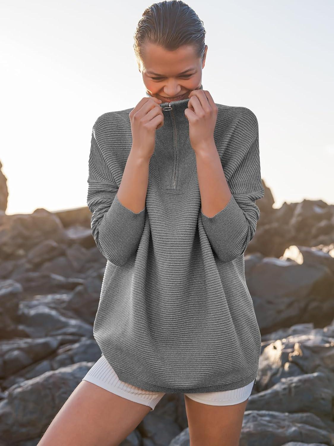 imageANRABESS Women Quarter Zip Oversized Casual Loose Rib Knit Cozy Pullover Sweaters Top 2025 Fall Fashion Outfits ClothesDark Grey