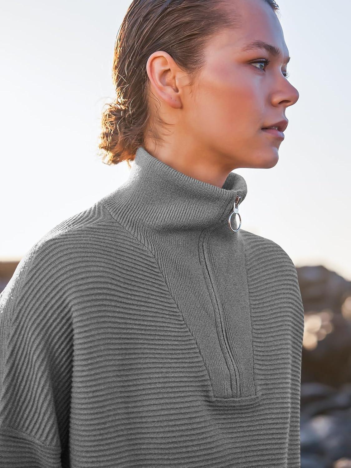 imageANRABESS Women Quarter Zip Oversized Casual Loose Rib Knit Cozy Pullover Sweaters Top 2025 Fall Fashion Outfits ClothesDark Grey
