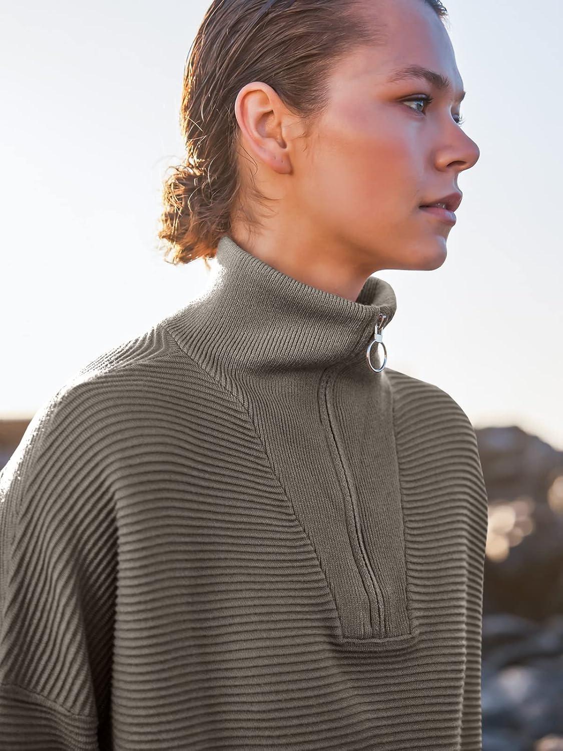 imageANRABESS Women Quarter Zip Oversized Casual Loose Rib Knit Cozy Pullover Sweaters Top 2025 Fall Fashion Outfits ClothesGray Khaki