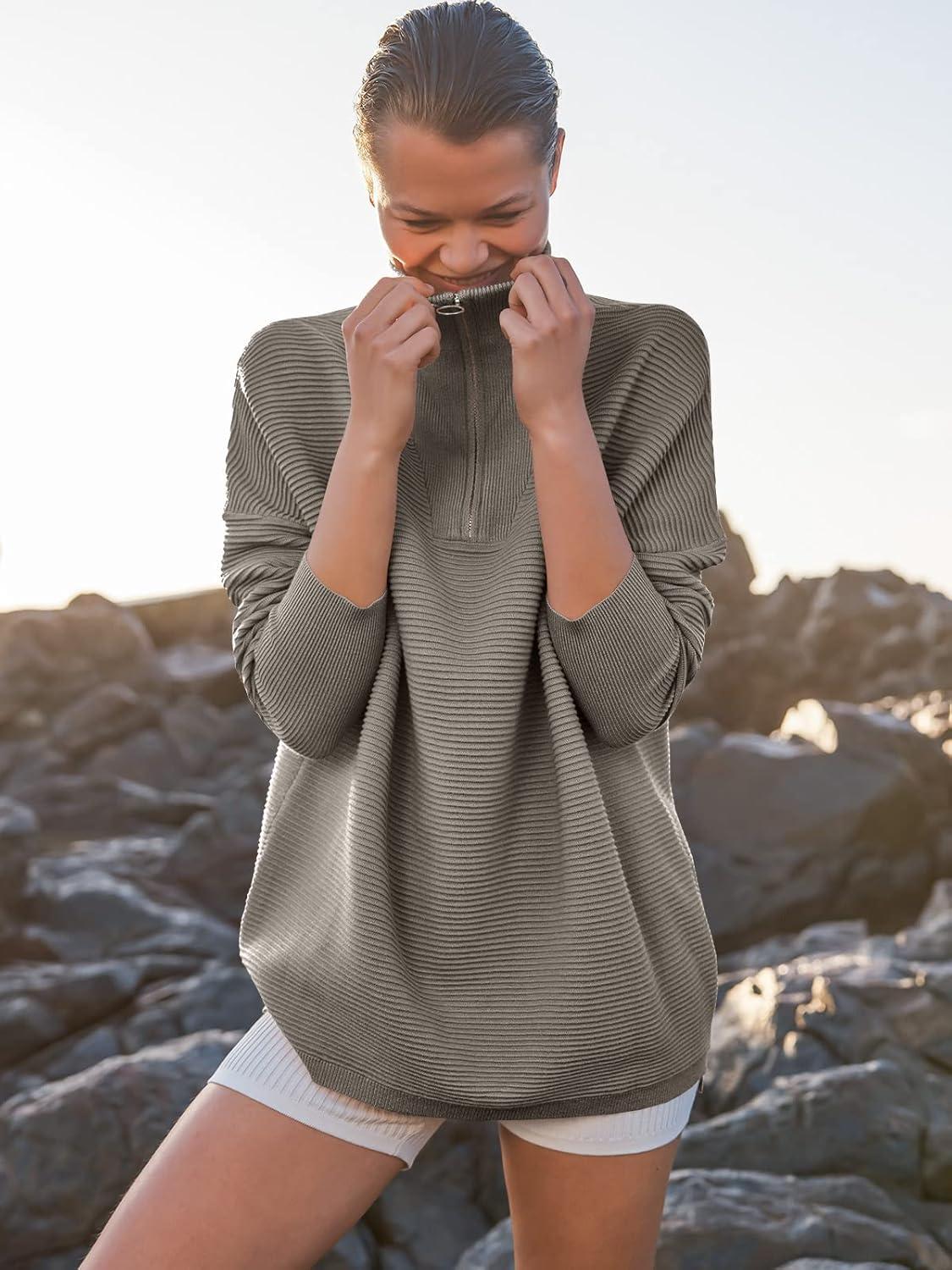 imageANRABESS Women Quarter Zip Oversized Casual Loose Rib Knit Cozy Pullover Sweaters Top 2025 Fall Fashion Outfits ClothesGray Khaki