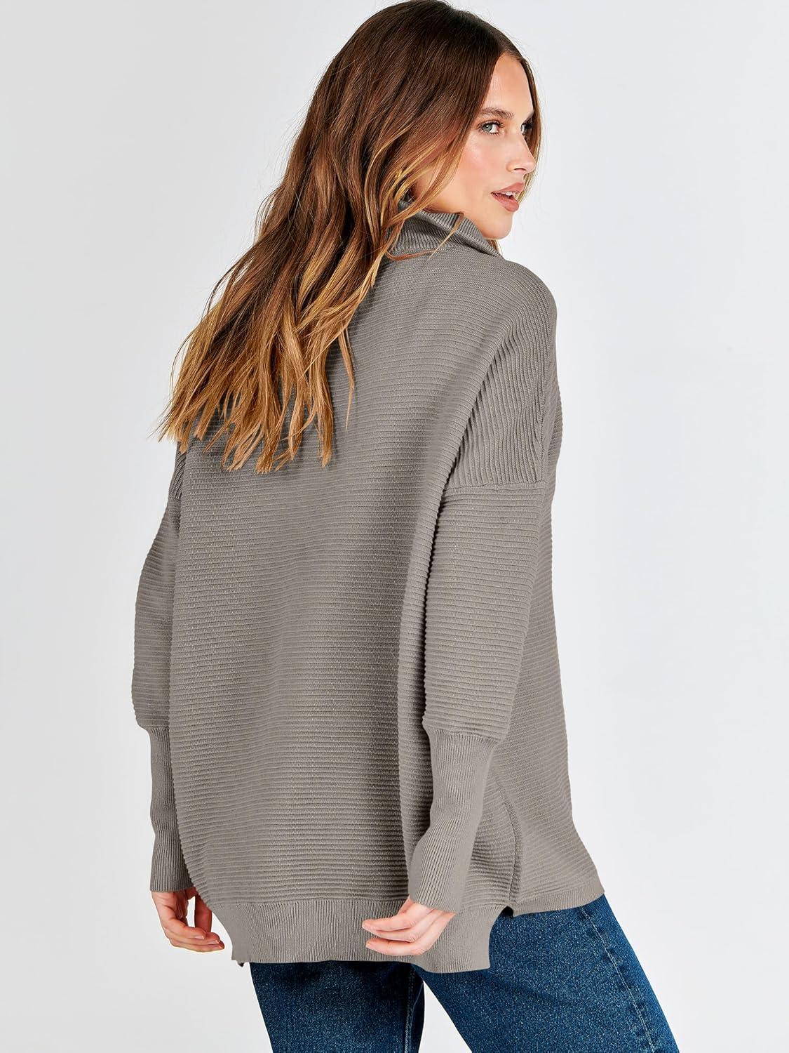 imageANRABESS Women Quarter Zip Oversized Casual Loose Rib Knit Cozy Pullover Sweaters Top 2025 Fall Fashion Outfits ClothesGray Khaki