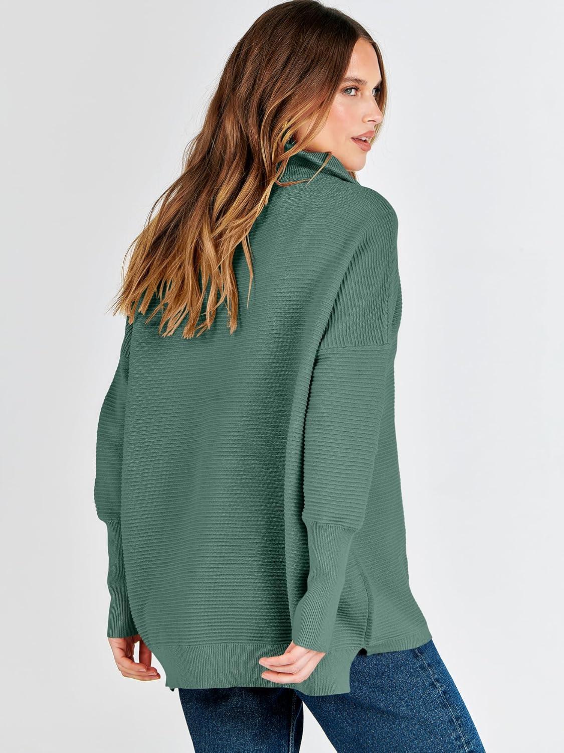 imageANRABESS Women Quarter Zip Oversized Casual Loose Rib Knit Cozy Pullover Sweaters Top 2025 Fall Fashion Outfits ClothesGreen