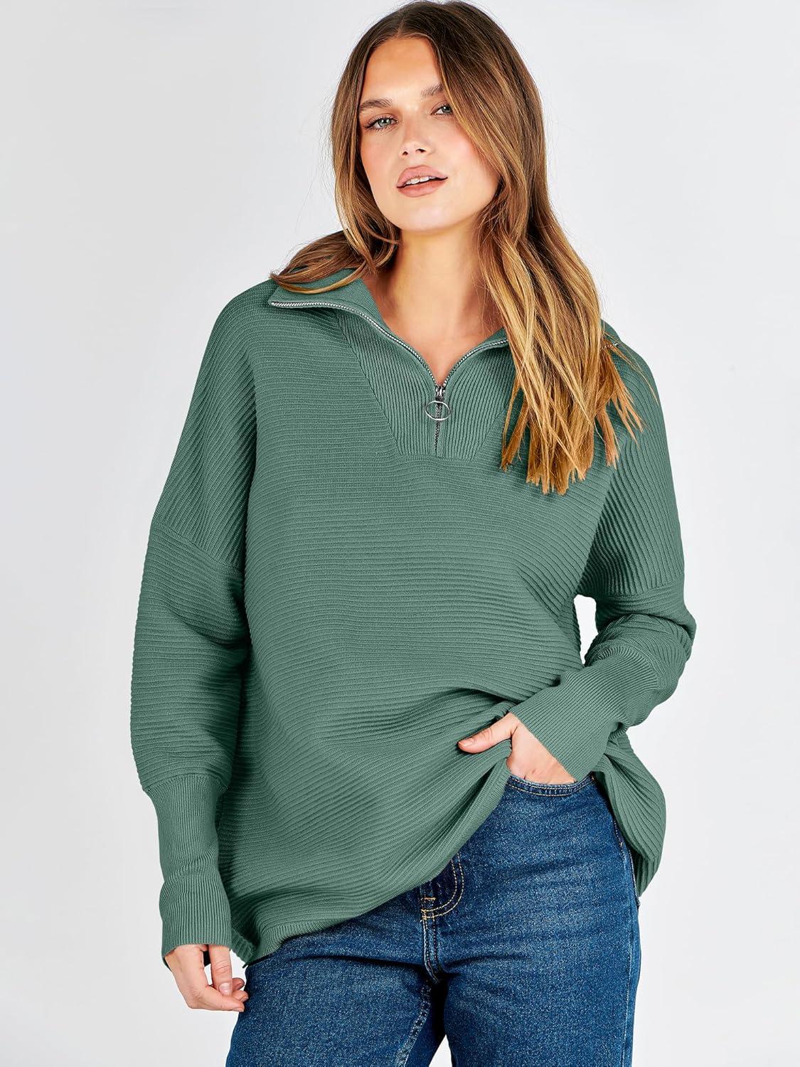 imageANRABESS Women Quarter Zip Oversized Casual Loose Rib Knit Cozy Pullover Sweaters Top 2025 Fall Fashion Outfits ClothesGreen