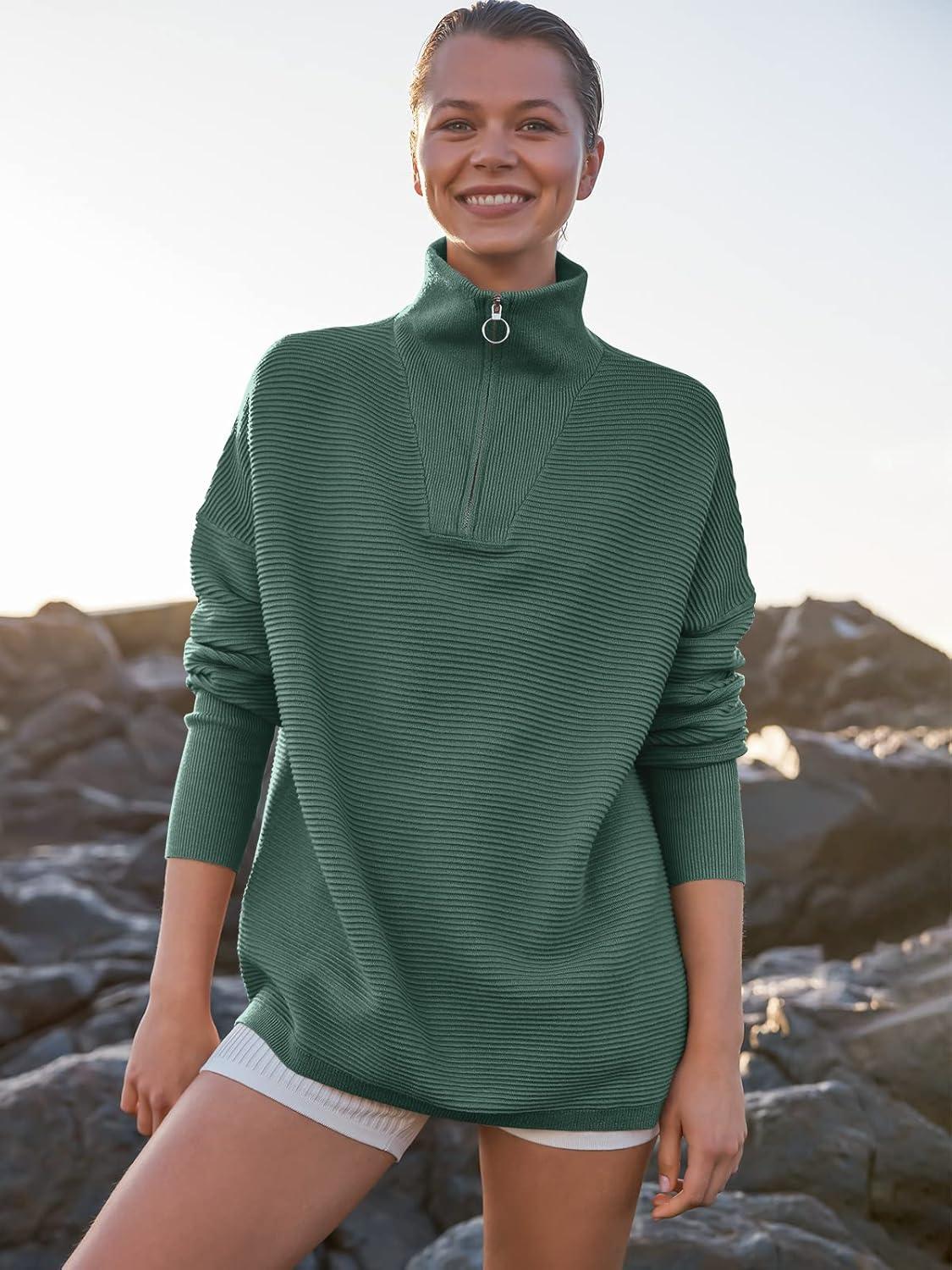imageANRABESS Women Quarter Zip Oversized Casual Loose Rib Knit Cozy Pullover Sweaters Top 2025 Fall Fashion Outfits ClothesGreen