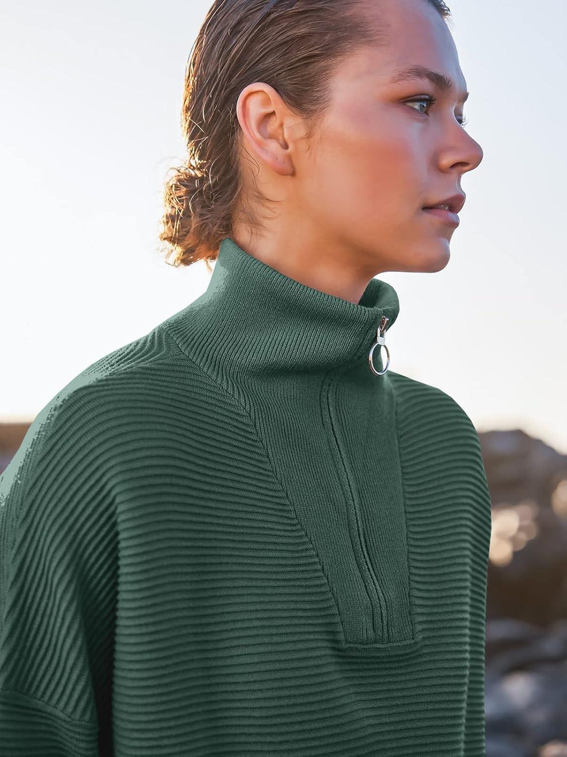 imageANRABESS Women Quarter Zip Oversized Casual Loose Rib Knit Cozy Pullover Sweaters Top 2025 Fall Fashion Outfits ClothesGreen