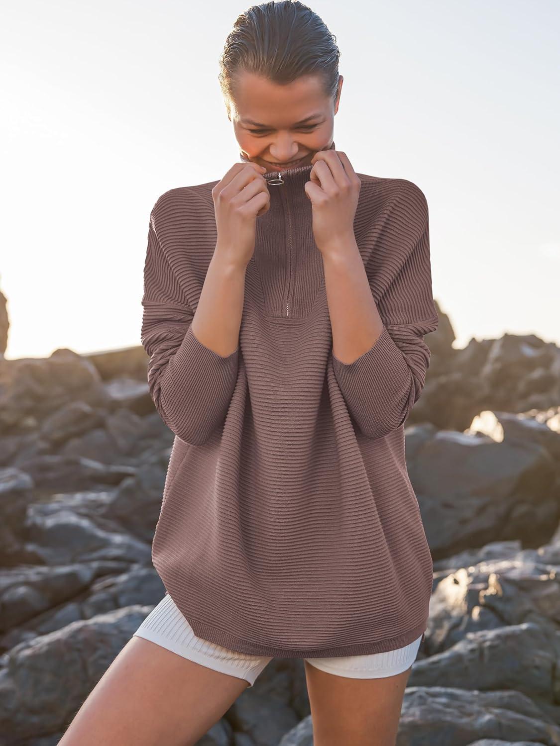 imageANRABESS Women Quarter Zip Oversized Casual Loose Rib Knit Cozy Pullover Sweaters Top 2025 Fall Fashion Outfits ClothesNutmeg